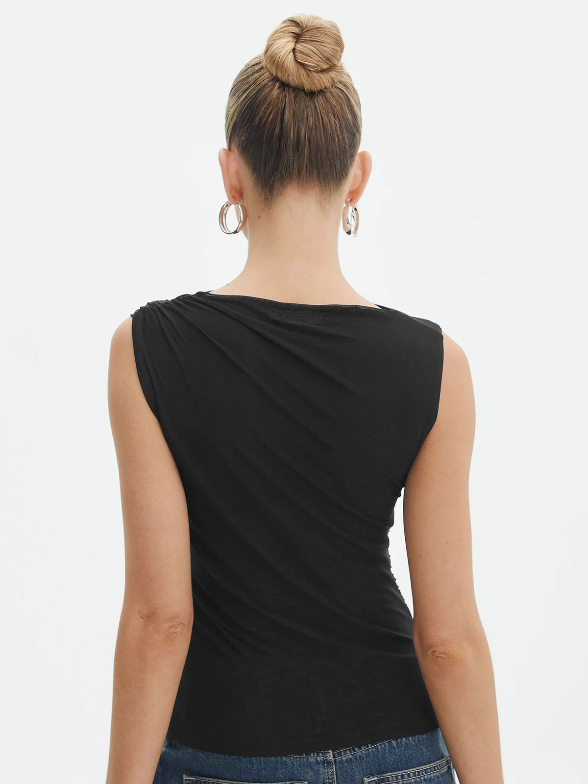 Solid Pleated Tank Top Black
