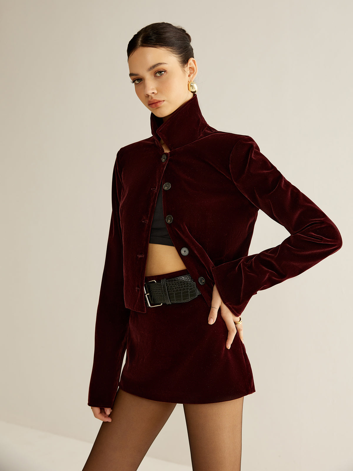 Mila - Burgundy Velvet Short Blazer