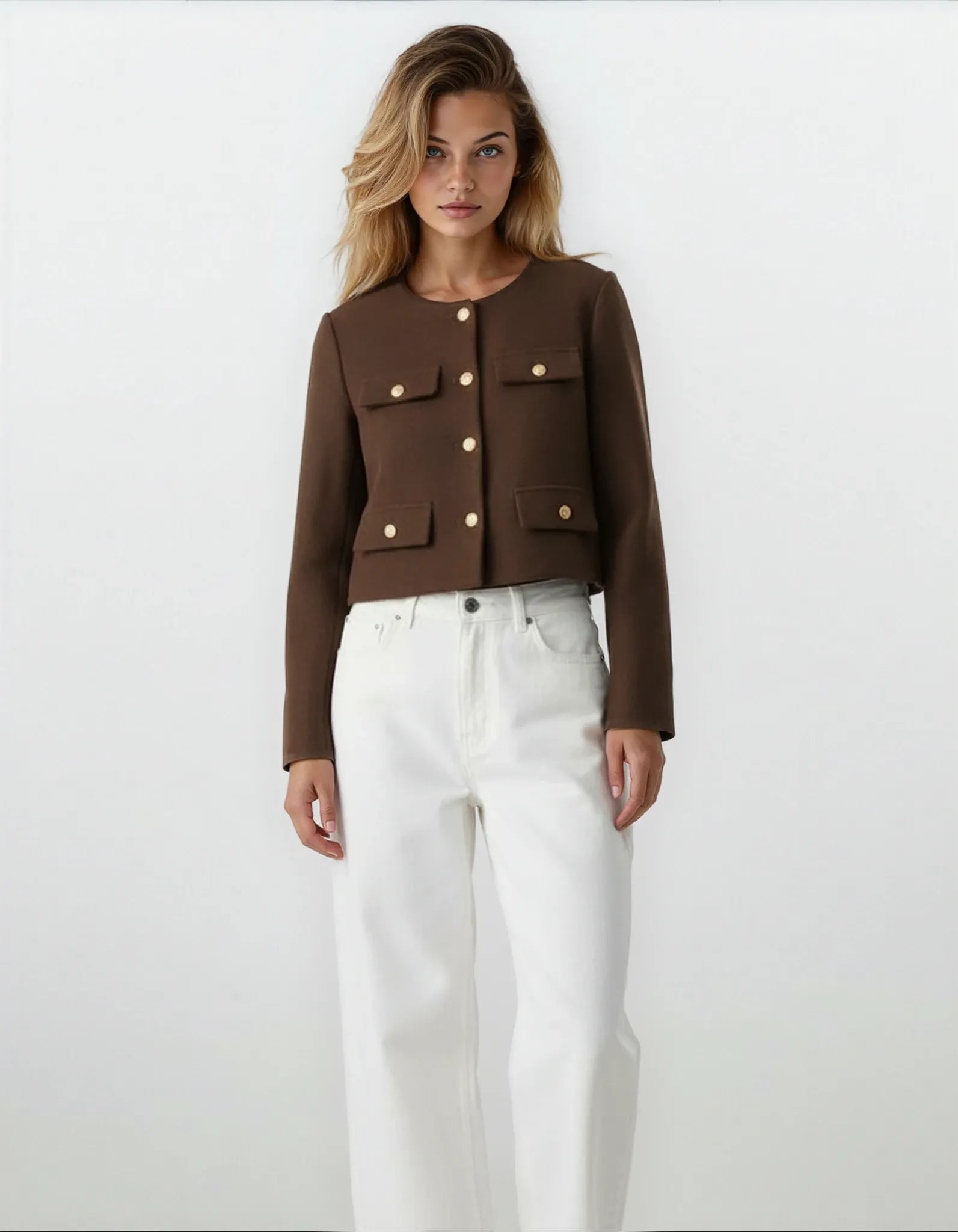 Savile – Cropped Collarless Blazer with Gold Buttons