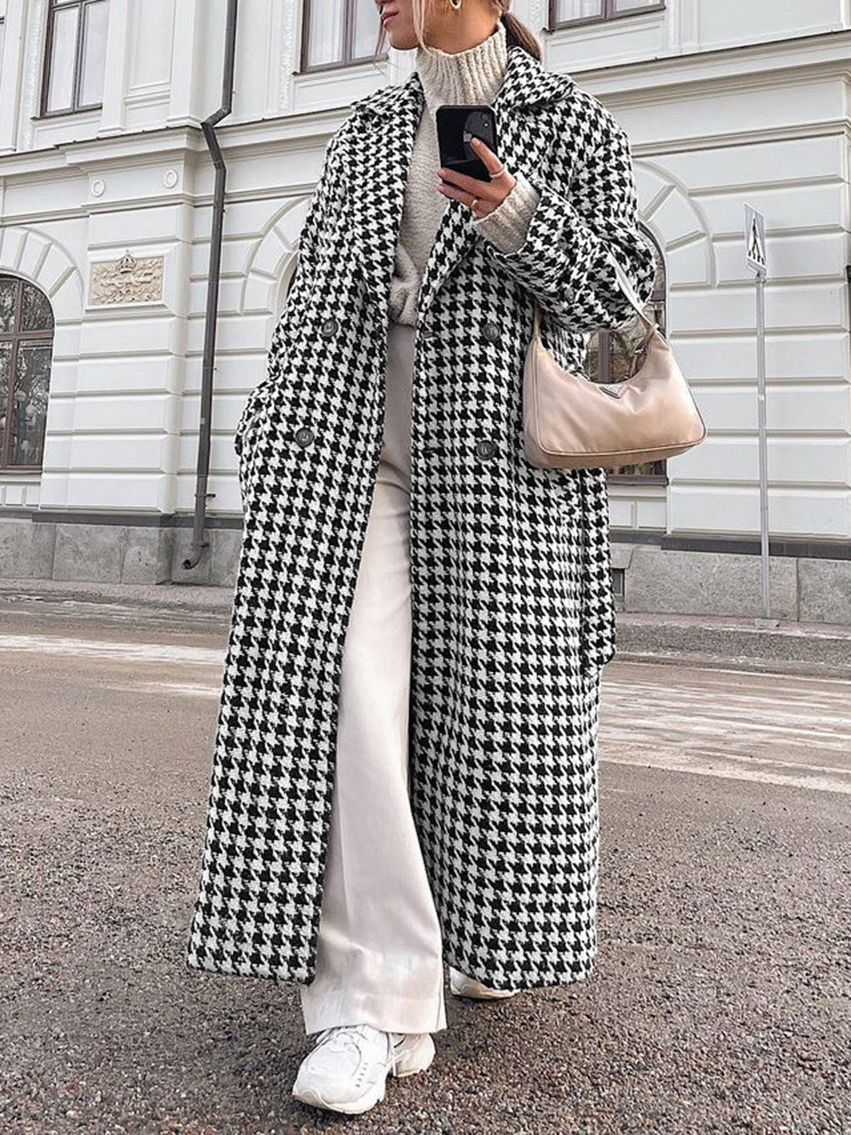 Oversized Houndstooth Tweed Wool Trench Coat Woman
