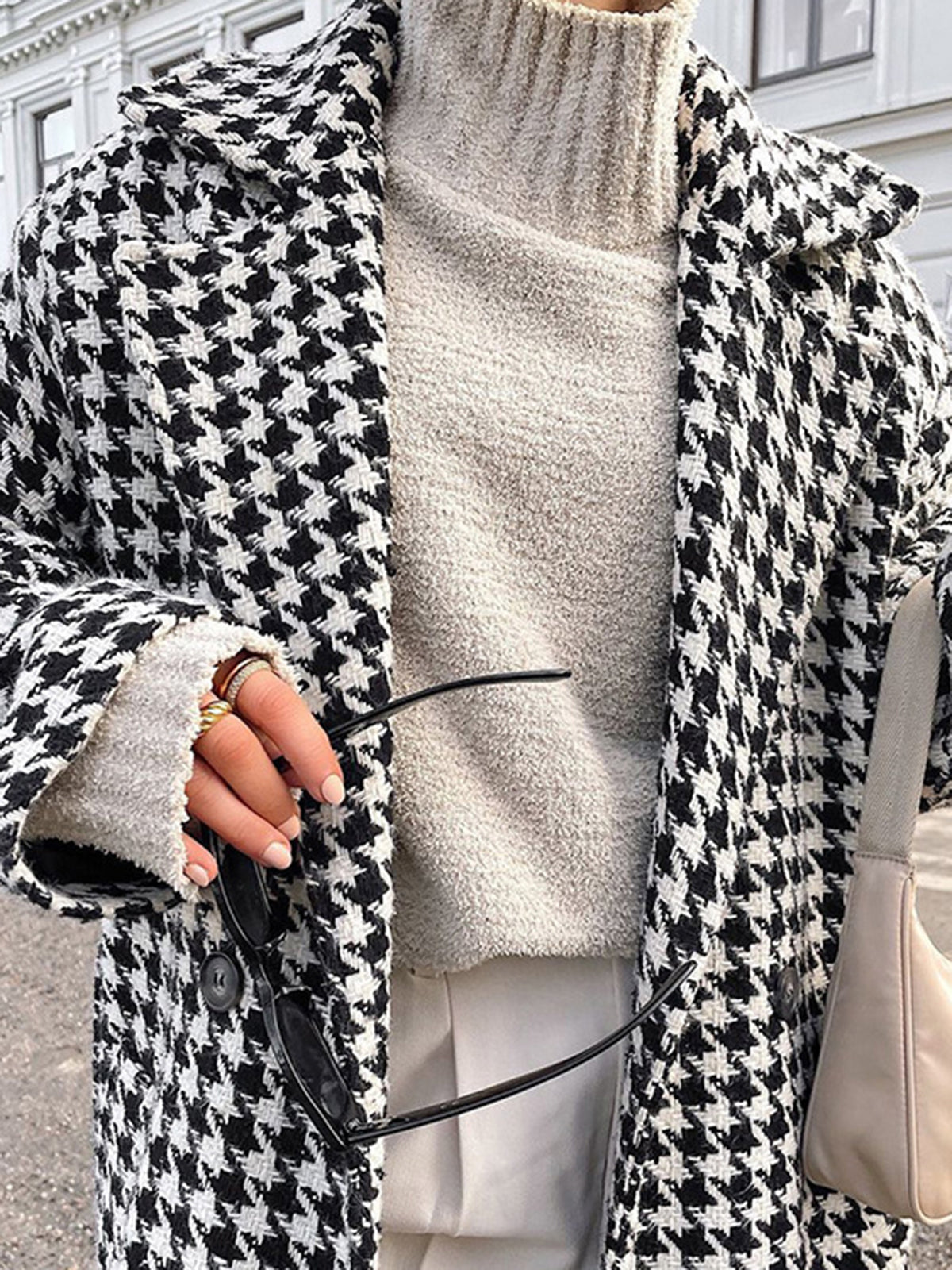 Oversized Houndstooth Tweed Wool Trench Coat Woman