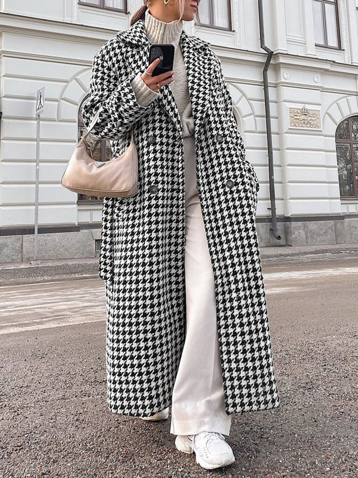 Oversized Houndstooth Tweed Wool Trench Coat Woman