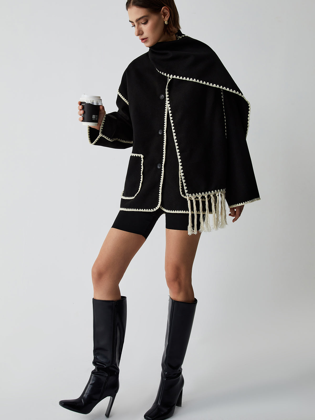 Contrast Trim Jacket With Matching Scarf Woman