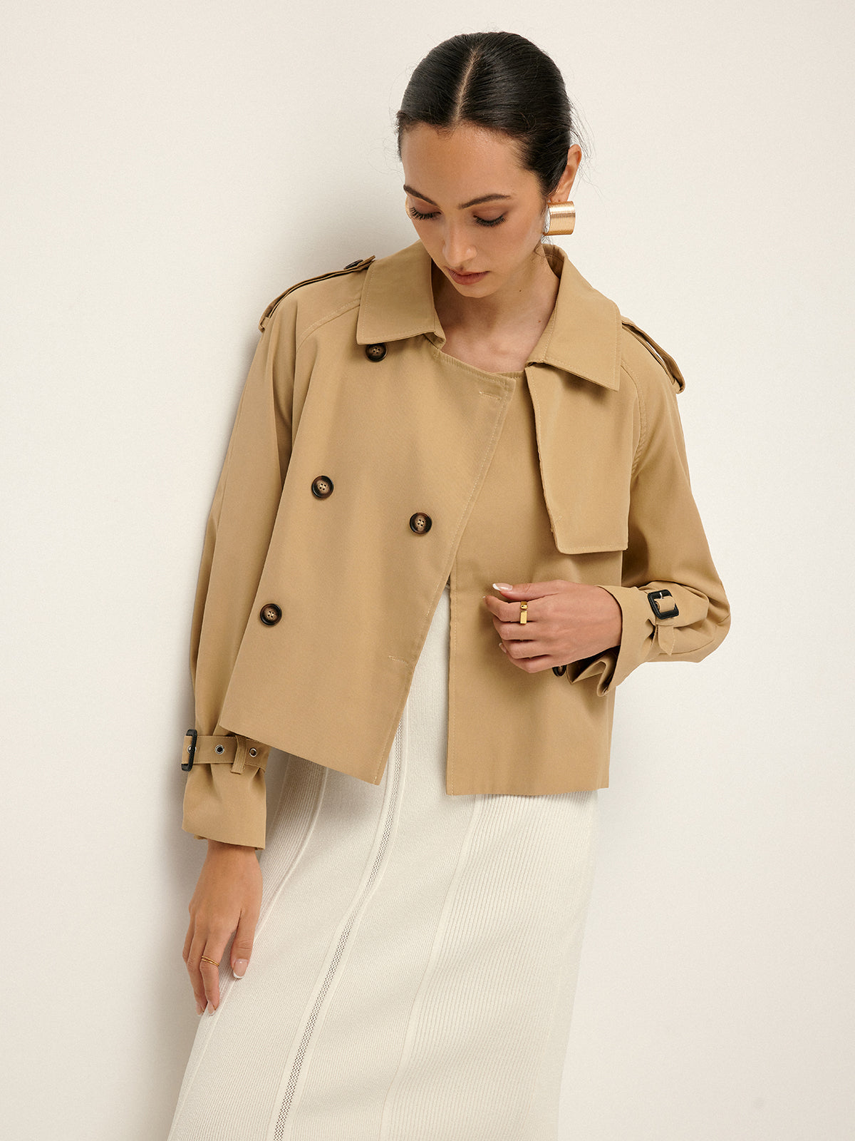 Breasted Lapel Cropped Trench Coat Woman