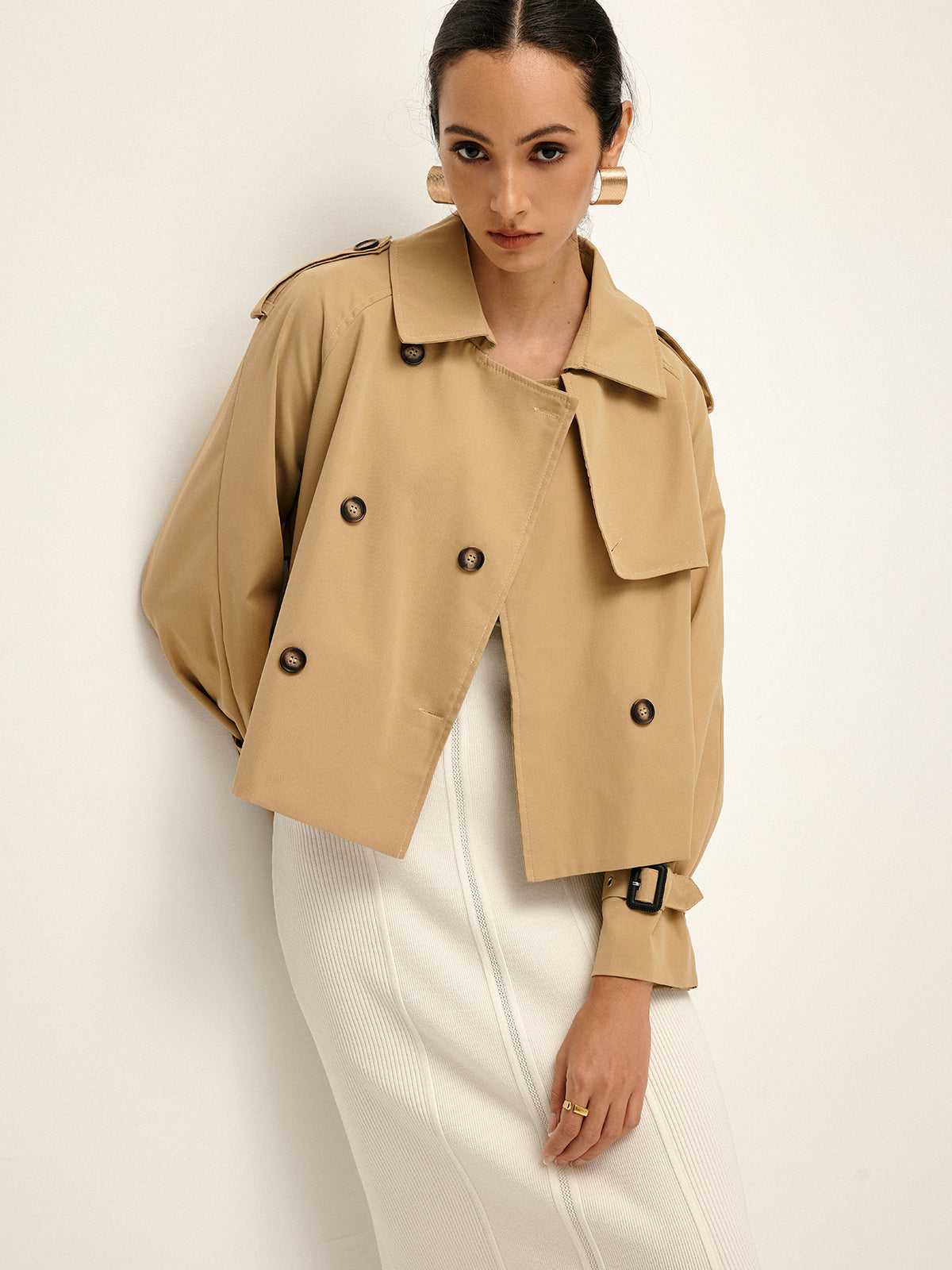 Breasted Lapel Cropped Trench Coat Woman