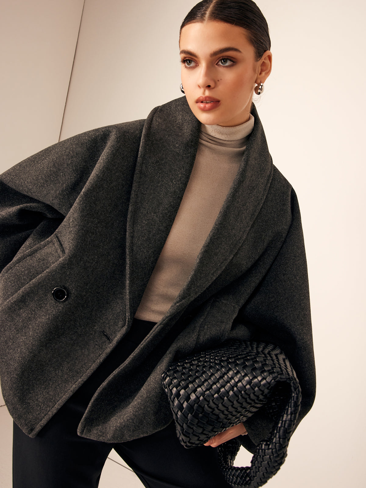 Grey Wool Cropped Trenchcoat Tweed Pockets Woman