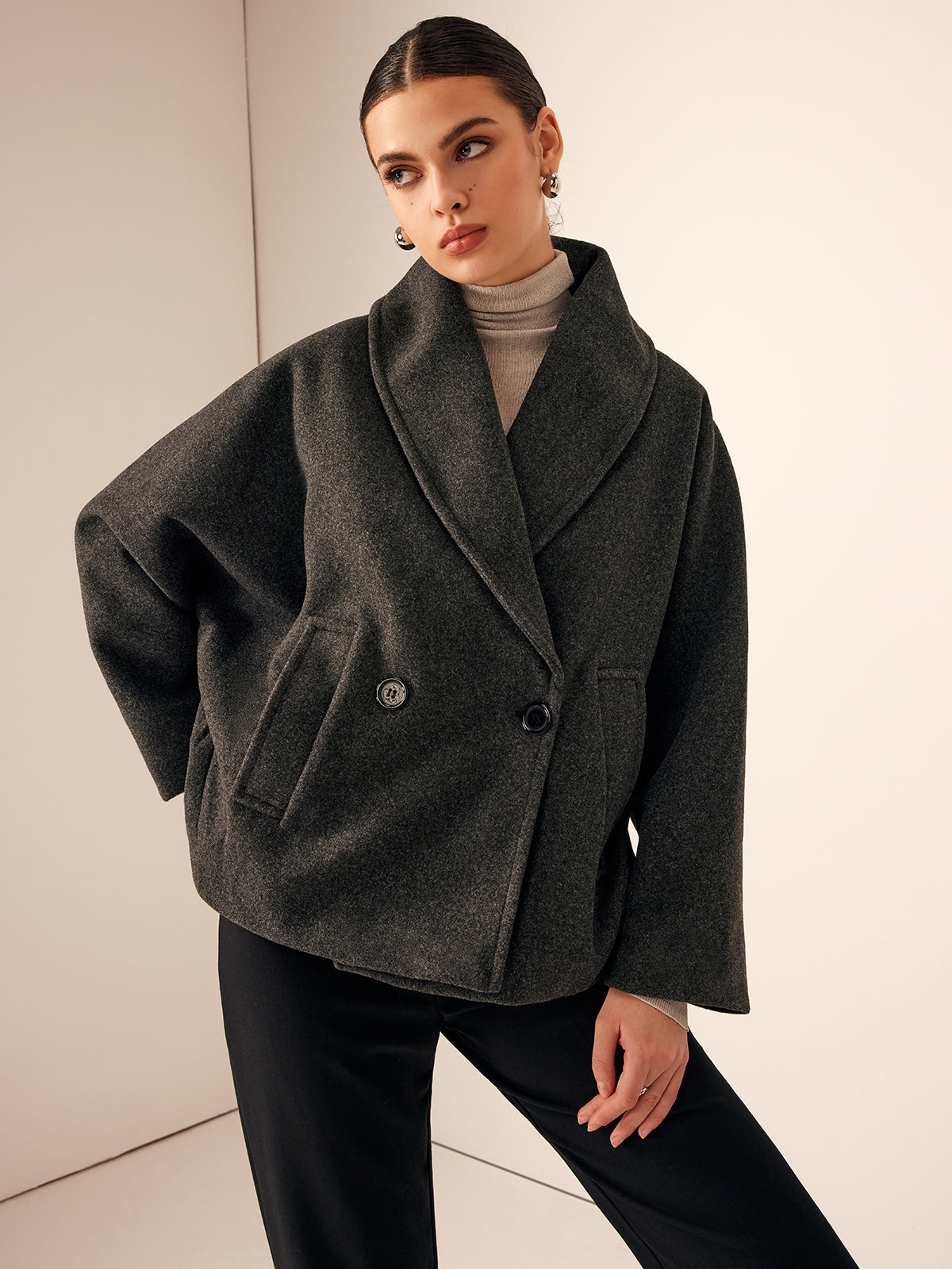 Grey Wool Cropped Trenchcoat Tweed Pockets Woman