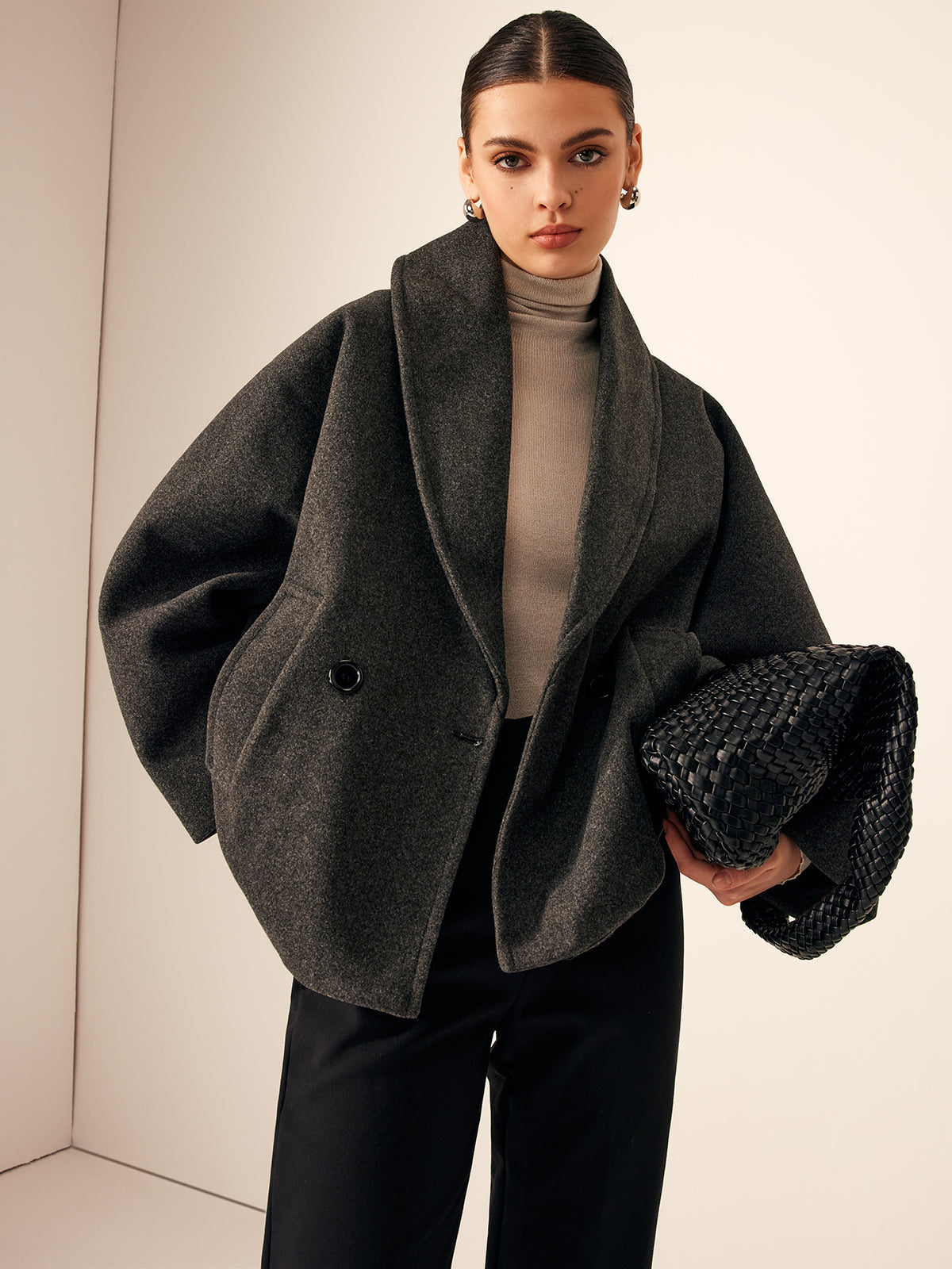 Grey Wool Cropped Trenchcoat Tweed Pockets Woman