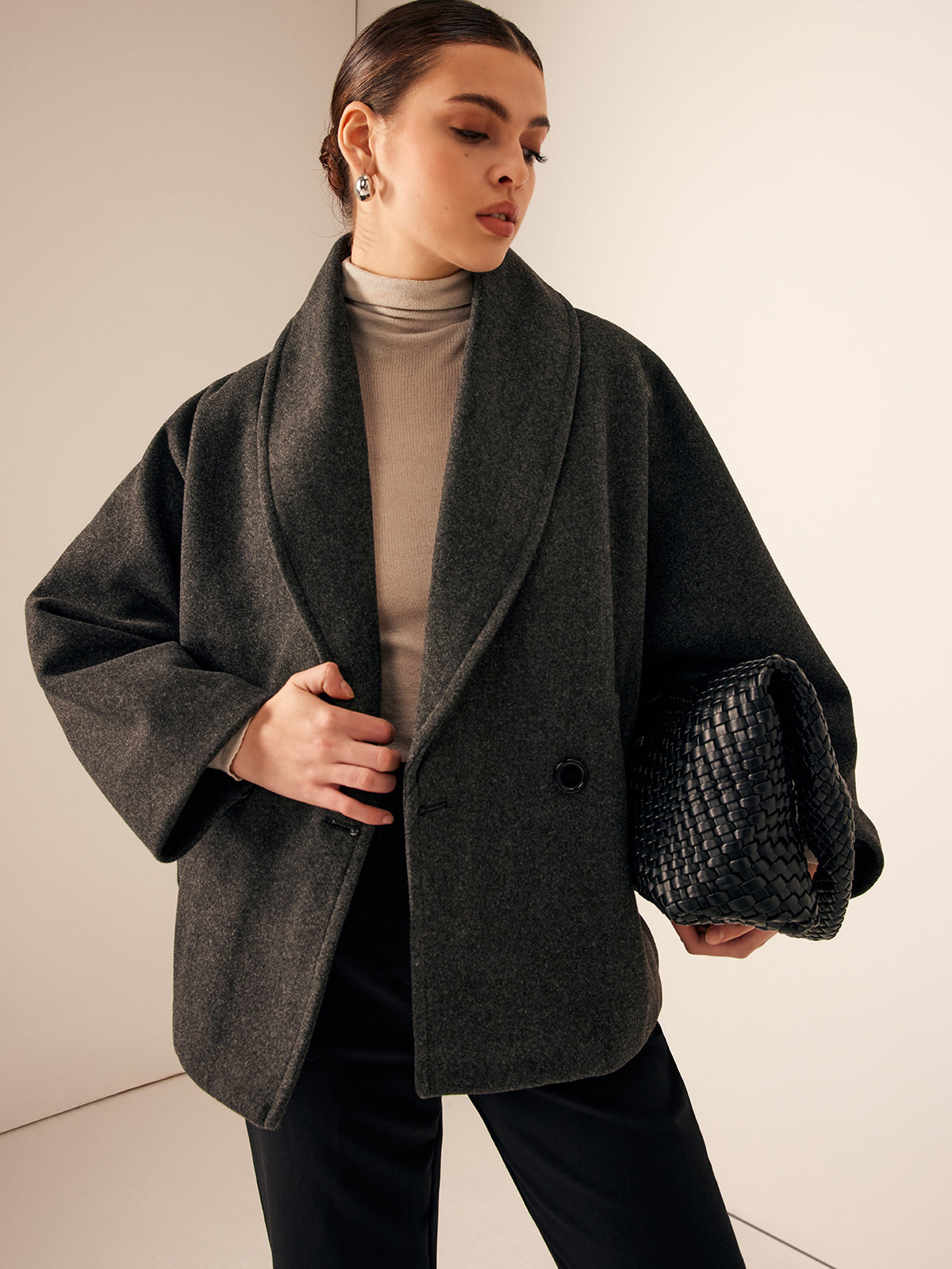 Grey Wool Cropped Trenchcoat Tweed Pockets Woman