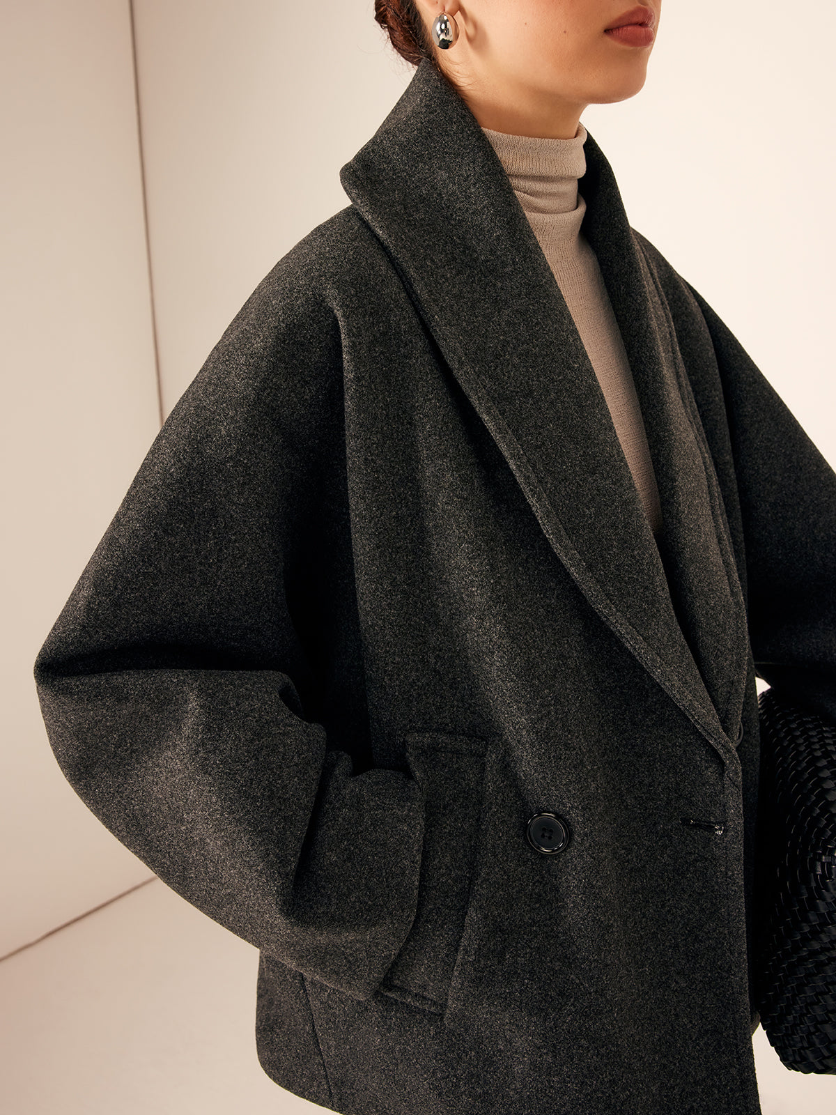 Grey Wool Cropped Trenchcoat Tweed Pockets Woman