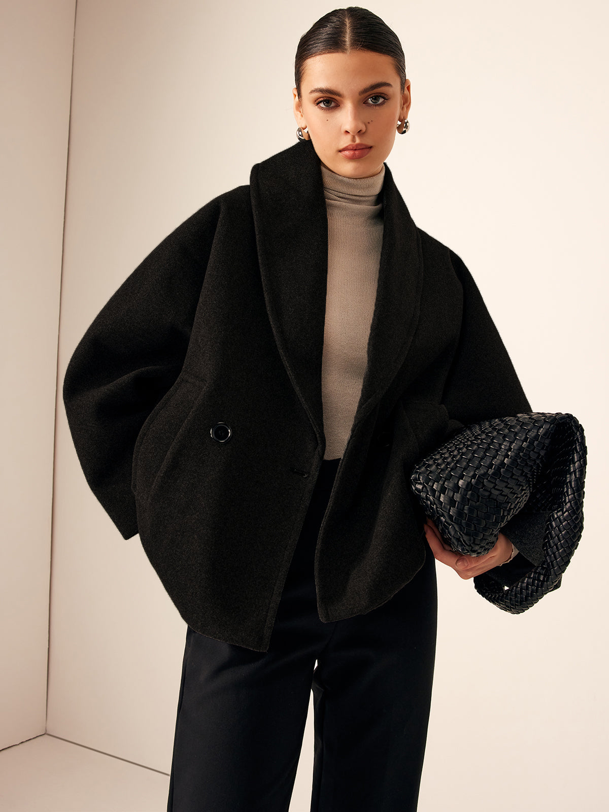 Grey Wool Cropped Trenchcoat Tweed Pockets Woman