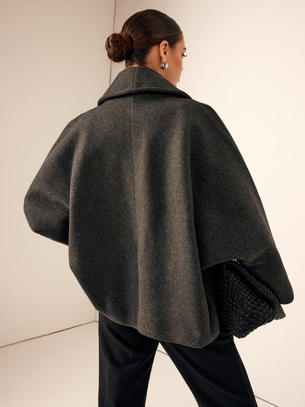 Grey Wool Cropped Trenchcoat Tweed Pockets Woman
