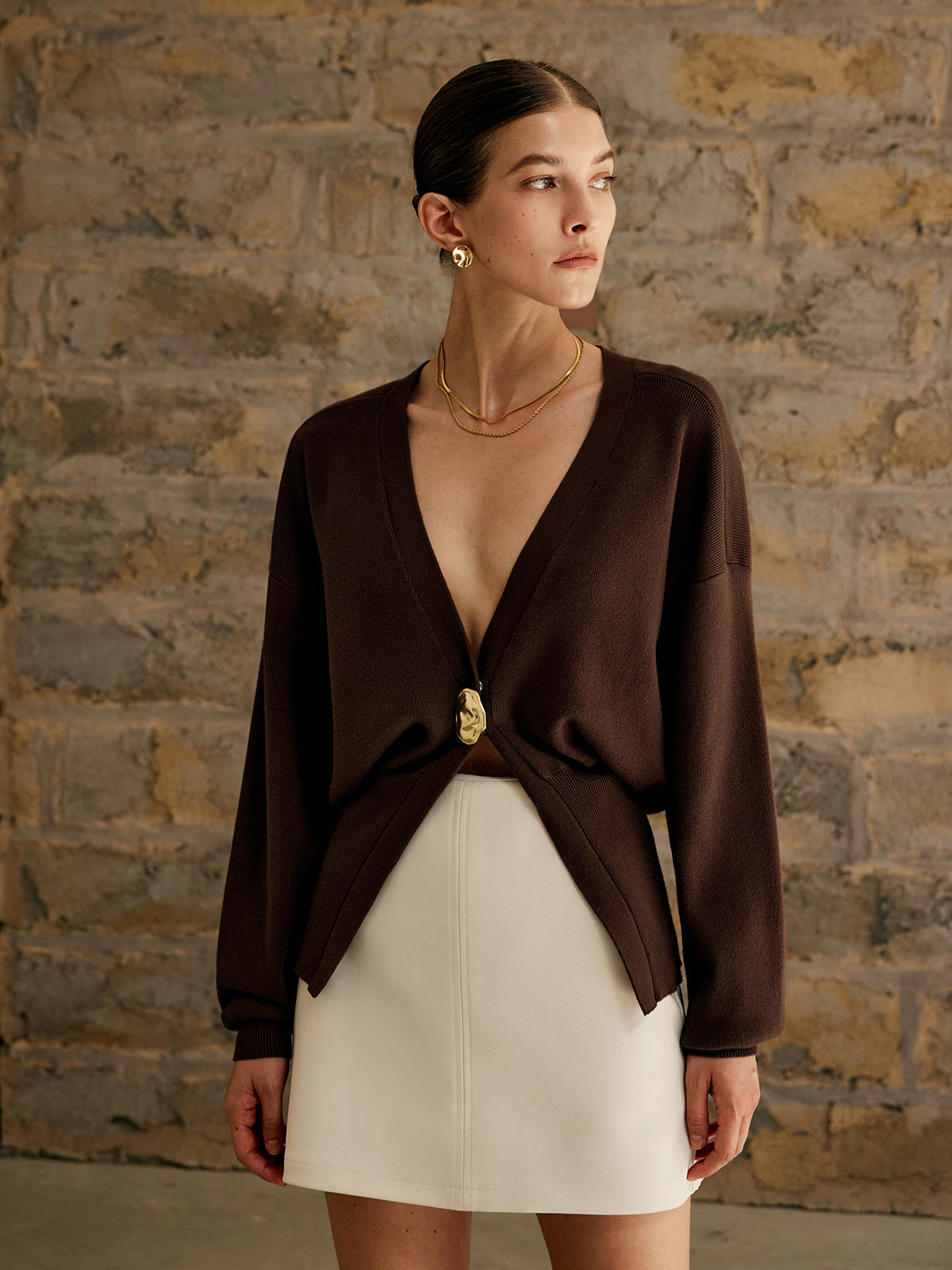 Golden Button Plain Cardigan Woman