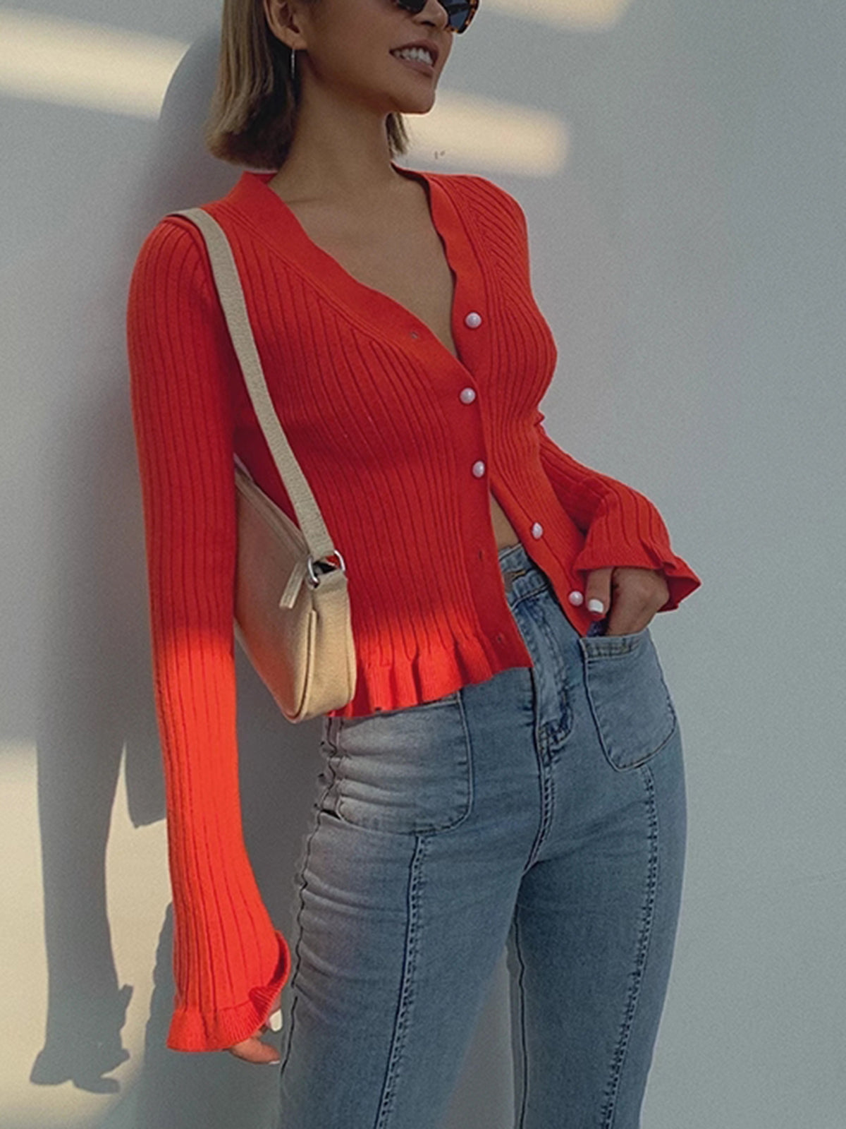 Ruffled Trim Pearl Button Long Sleeve Cardigan Woman
