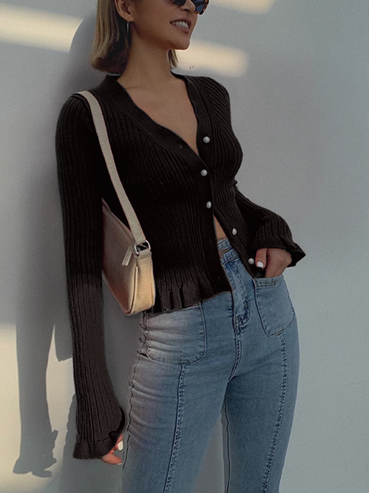 Ruffled Trim Pearl Button Long Sleeve Cardigan Woman