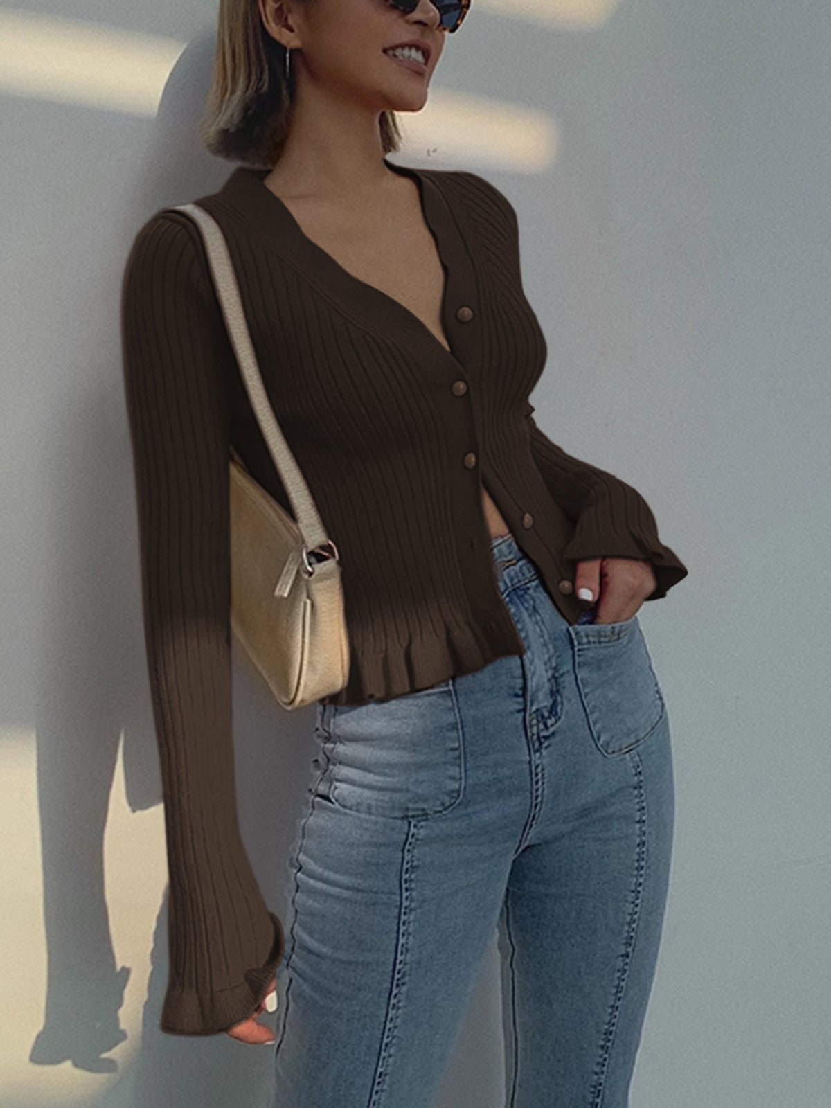 Ruffled Trim Pearl Button Long Sleeve Cardigan Woman