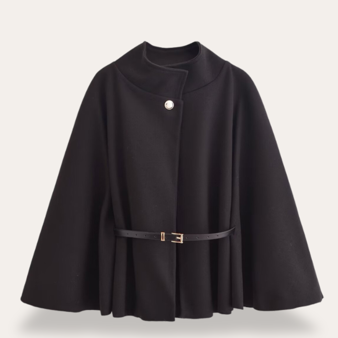 Women's Belted Cape - High Neck and Single Button Closure