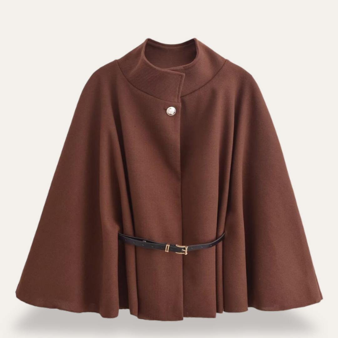 Women's Belted Cape - High Neck and Single Button Closure