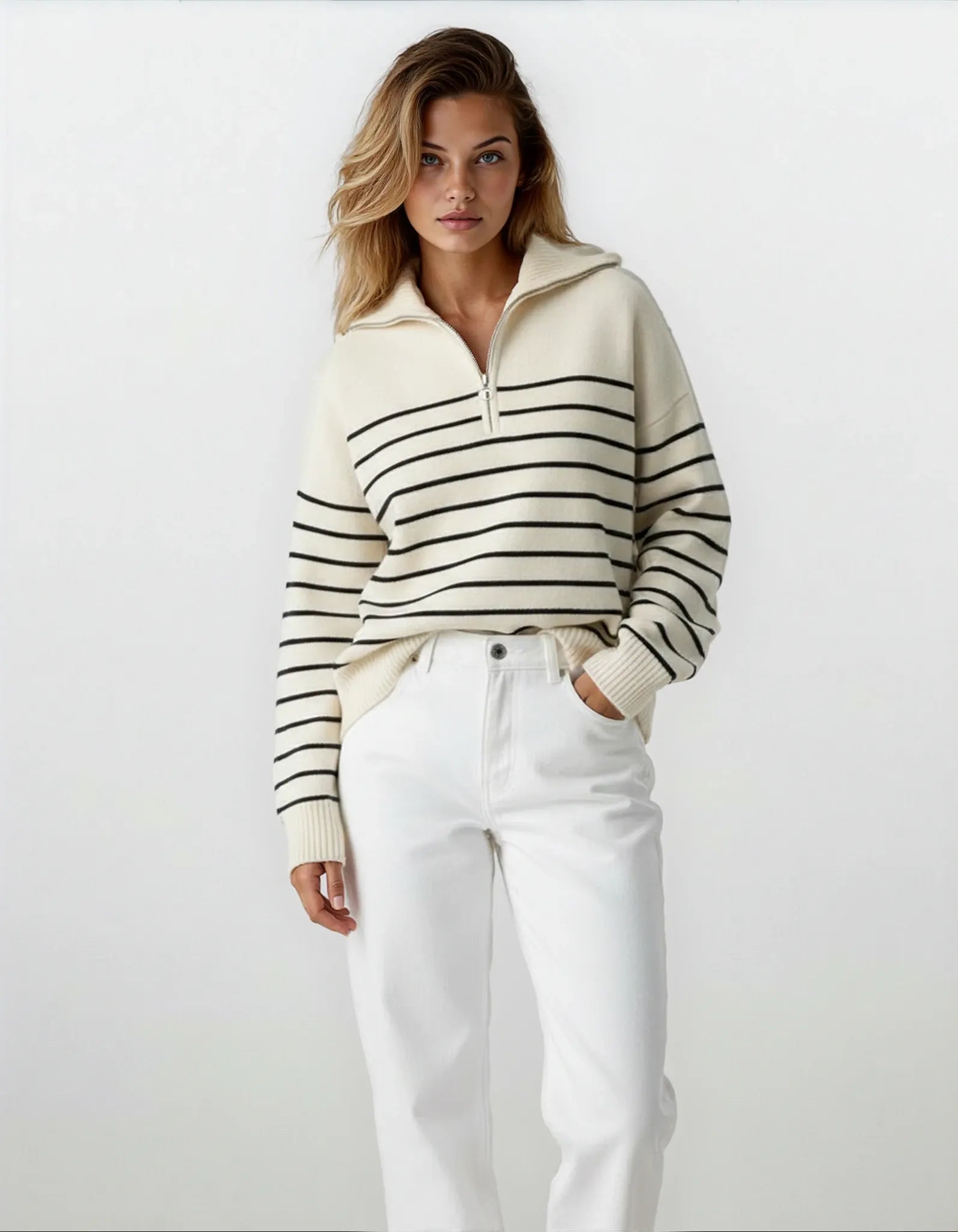 Old Money Women – Vintage Chic Half-Zip Striped Knit