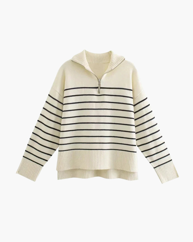 Old Money Women – Vintage Chic Half-Zip Striped Knit