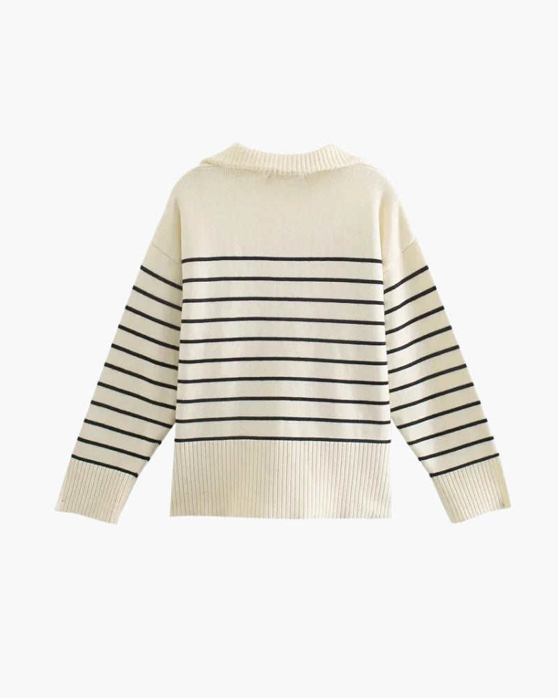 Old Money Women – Vintage Chic Half-Zip Striped Knit