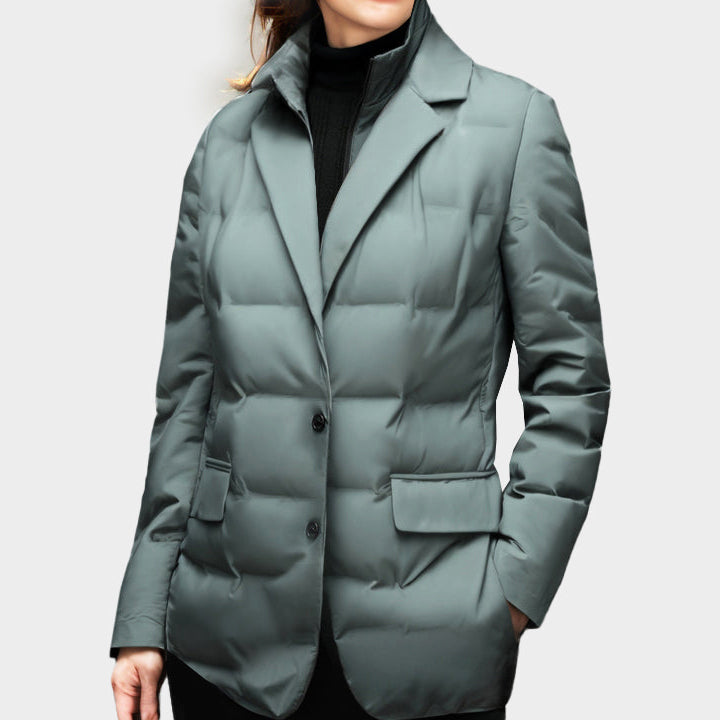 Women's Puffer Blazer Jacket - Notched Lapel and Single-Breasted Closure