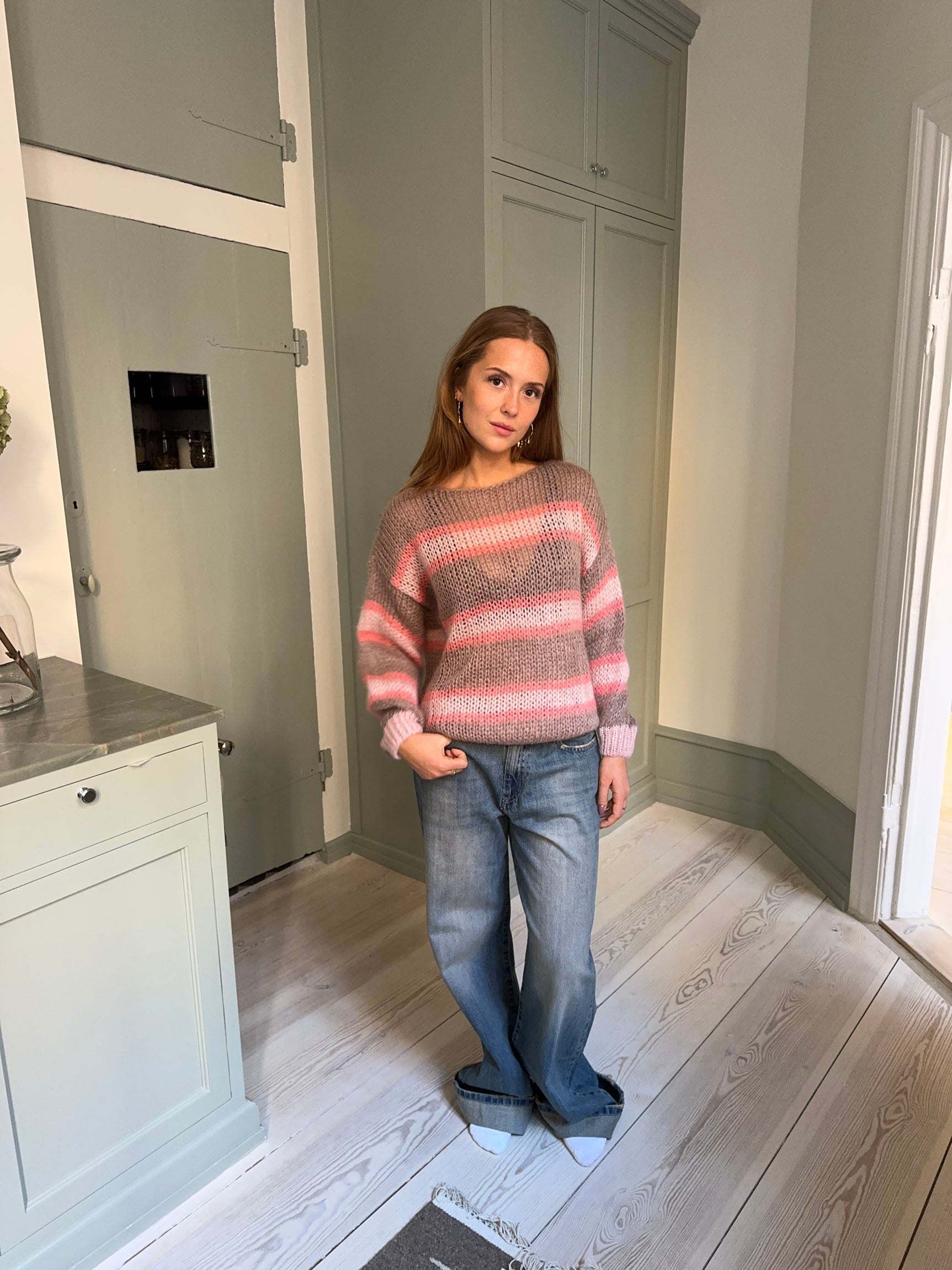 Evelina – Brown Pink Striped Mohair Retro Sweater