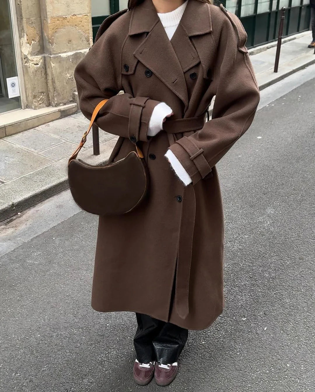 Luxurious Brown Wool Trench Coat with Belt for Women