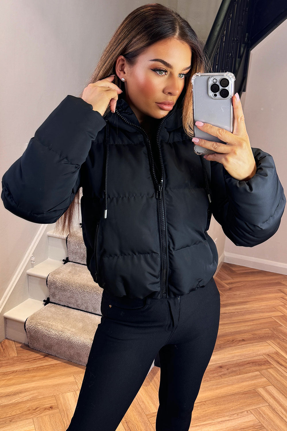 Women Black Hooded Waterproof Puffer Jacket