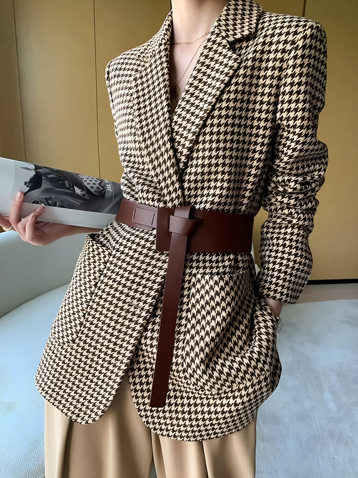 Ava - Houndstooth Waist-Belt Blazer