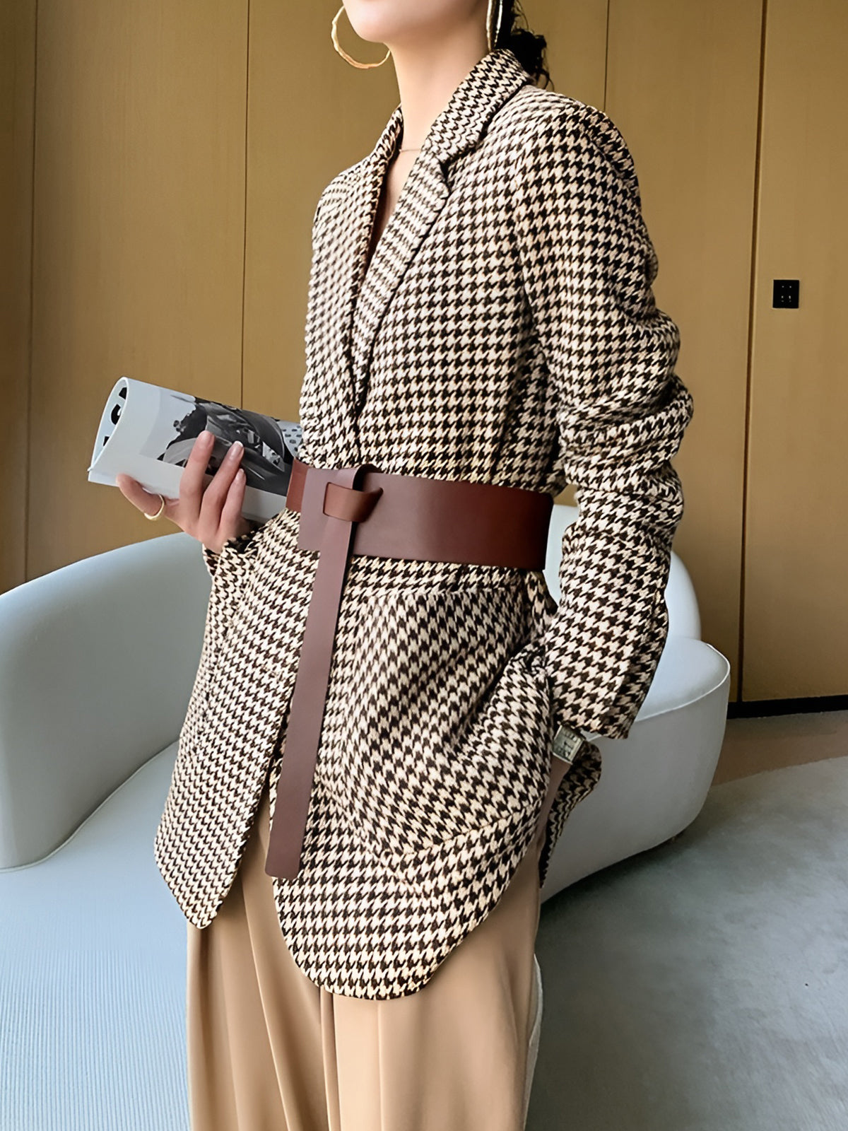 Ava - Houndstooth Waist-Belt Blazer