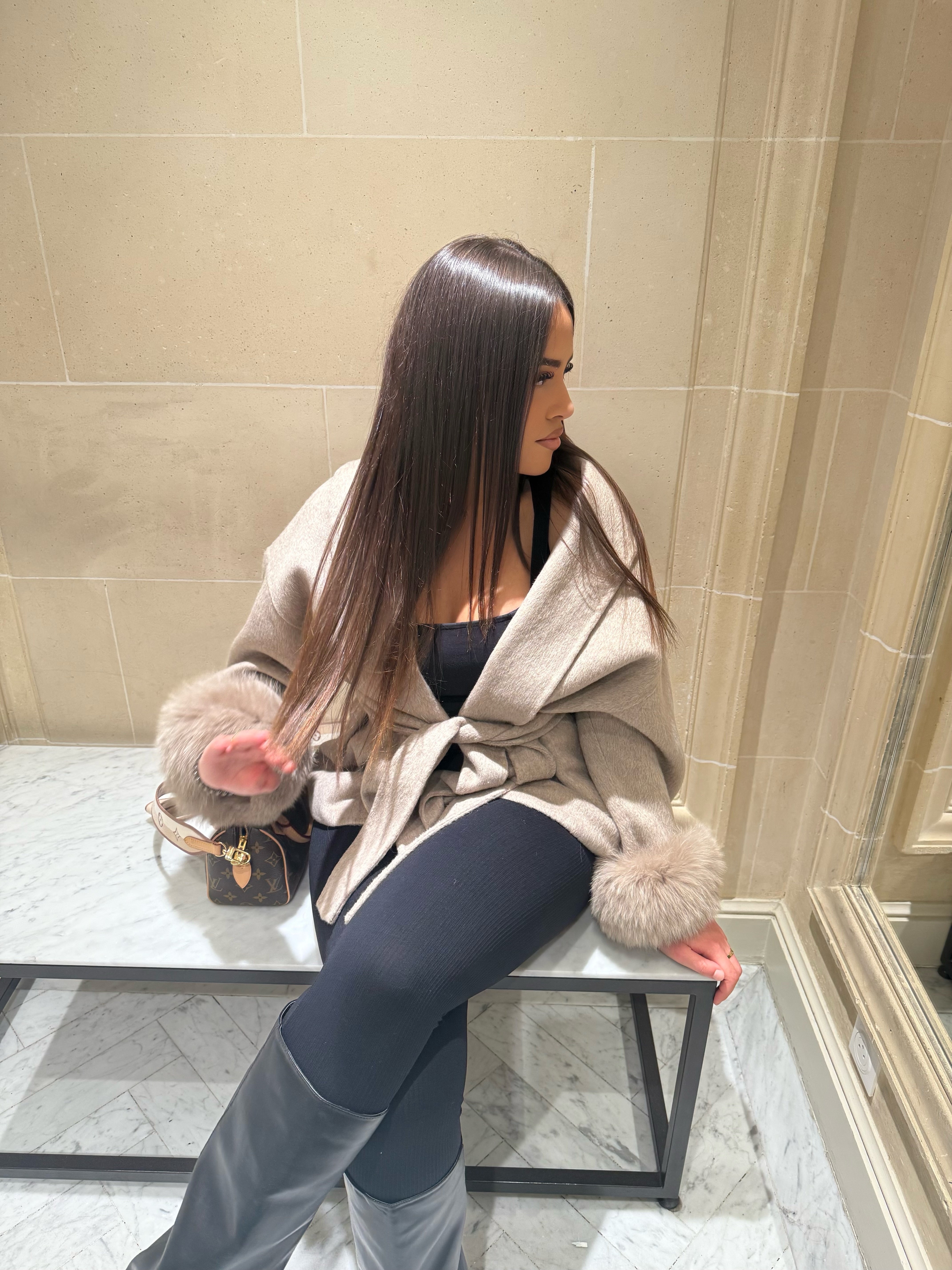 Short Belted Wool Trench Coat With Fur Sleeves Woman