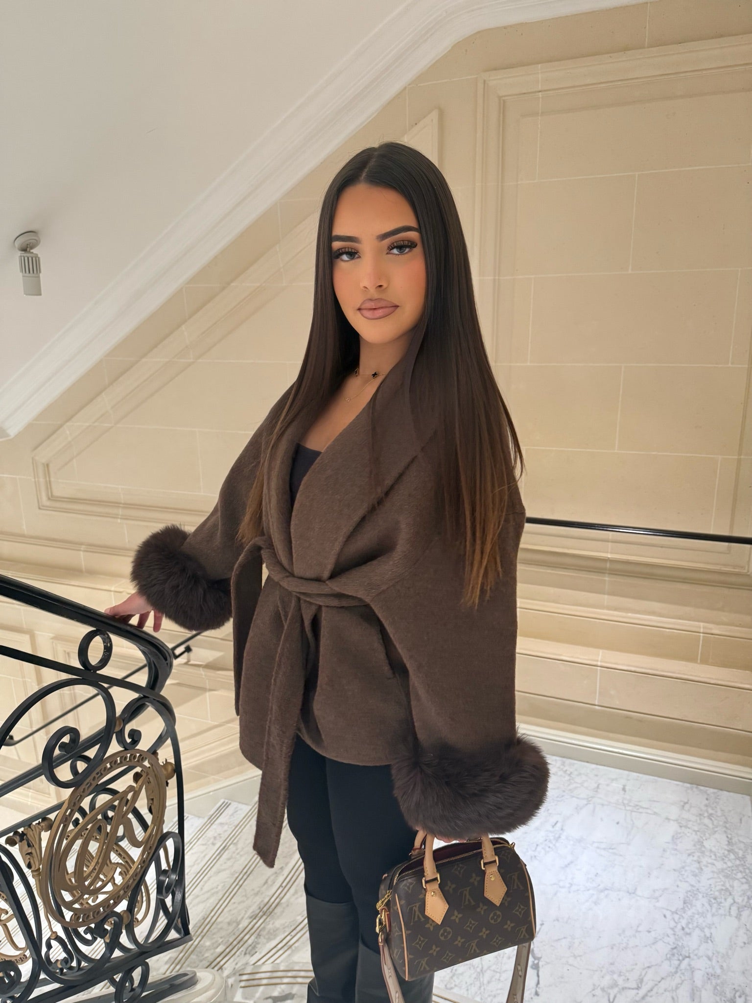 Short Belted Wool Trench Coat With Fur Sleeves Woman
