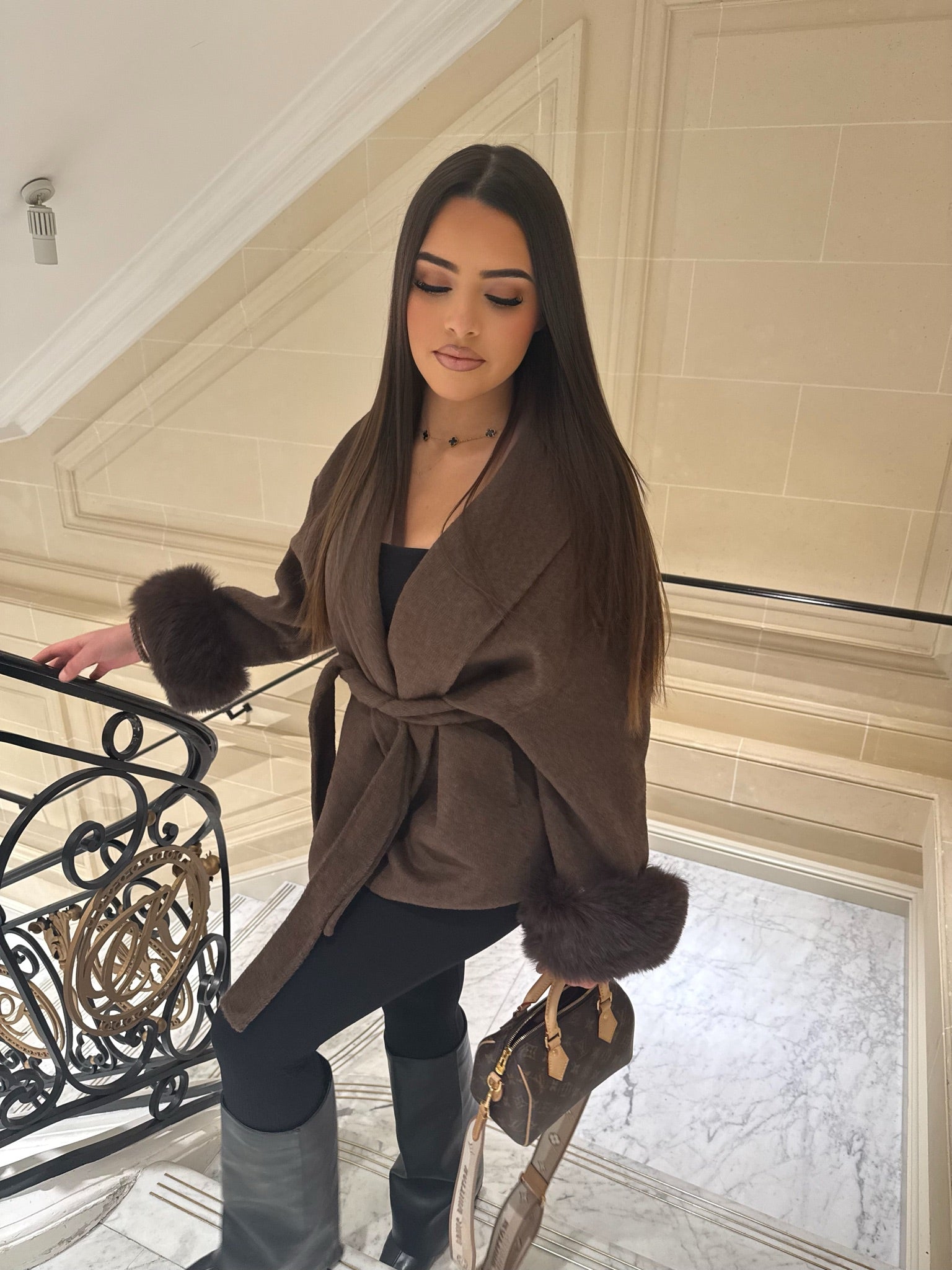 Short Belted Wool Trench Coat With Fur Sleeves Woman