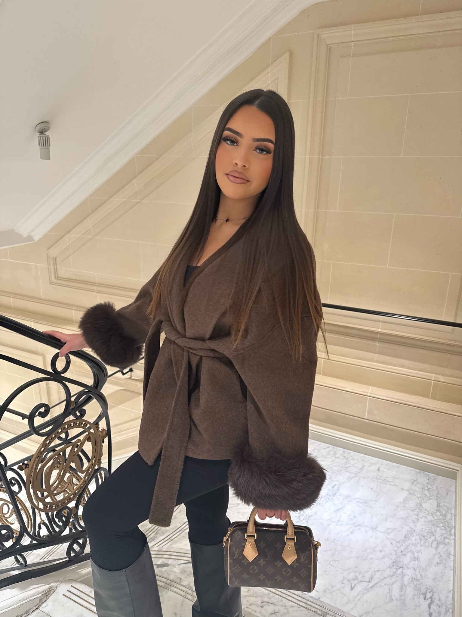 Short Belted Wool Trench Coat With Fur Sleeves Woman