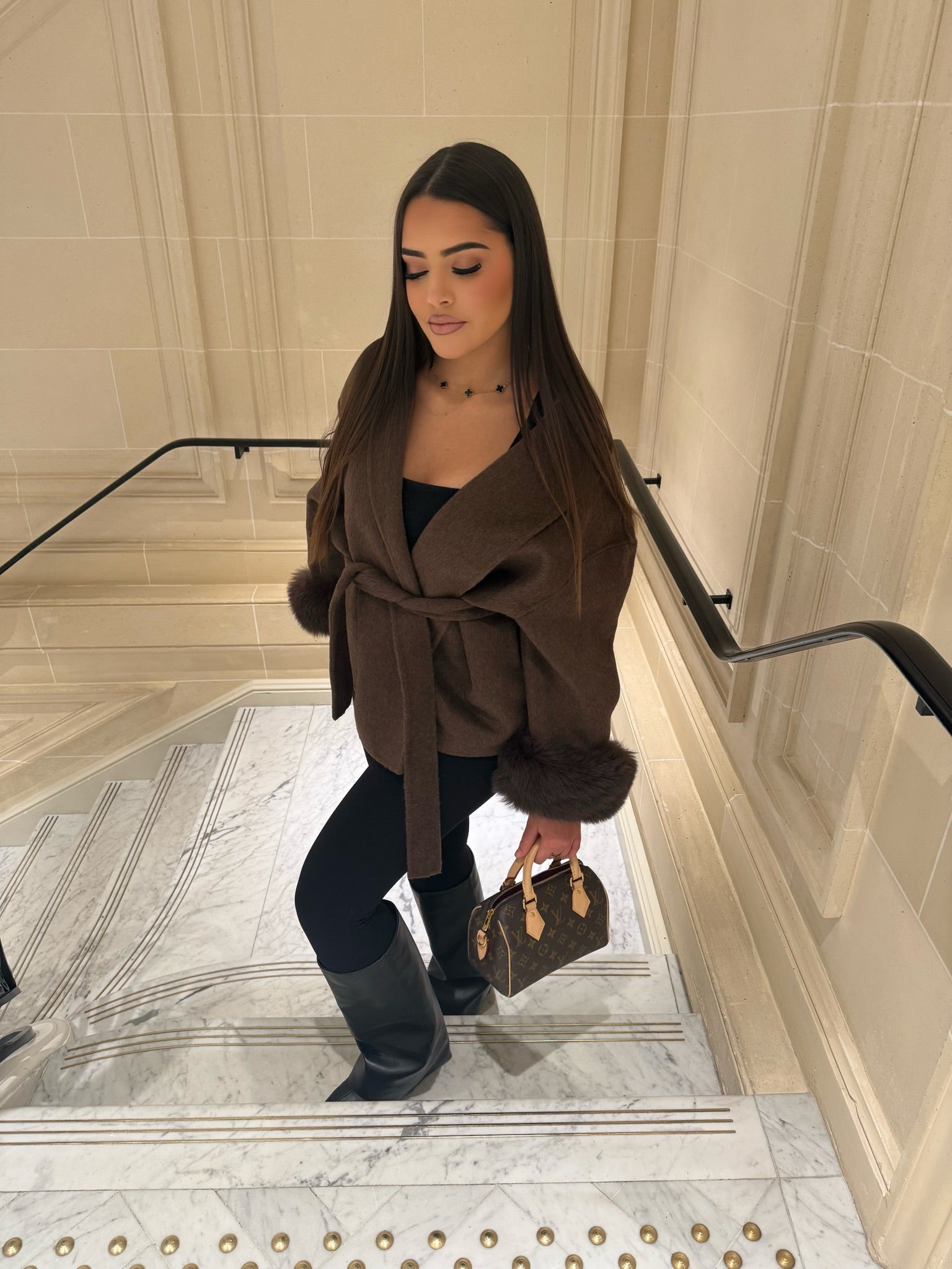 Short Belted Wool Trench Coat With Fur Sleeves Woman