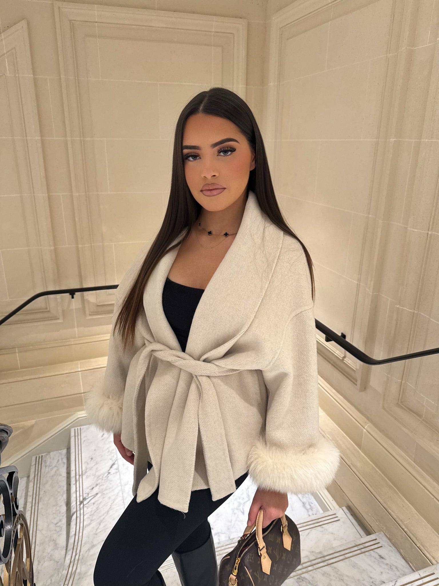Short Belted Wool Trench Coat With Fur Sleeves Woman