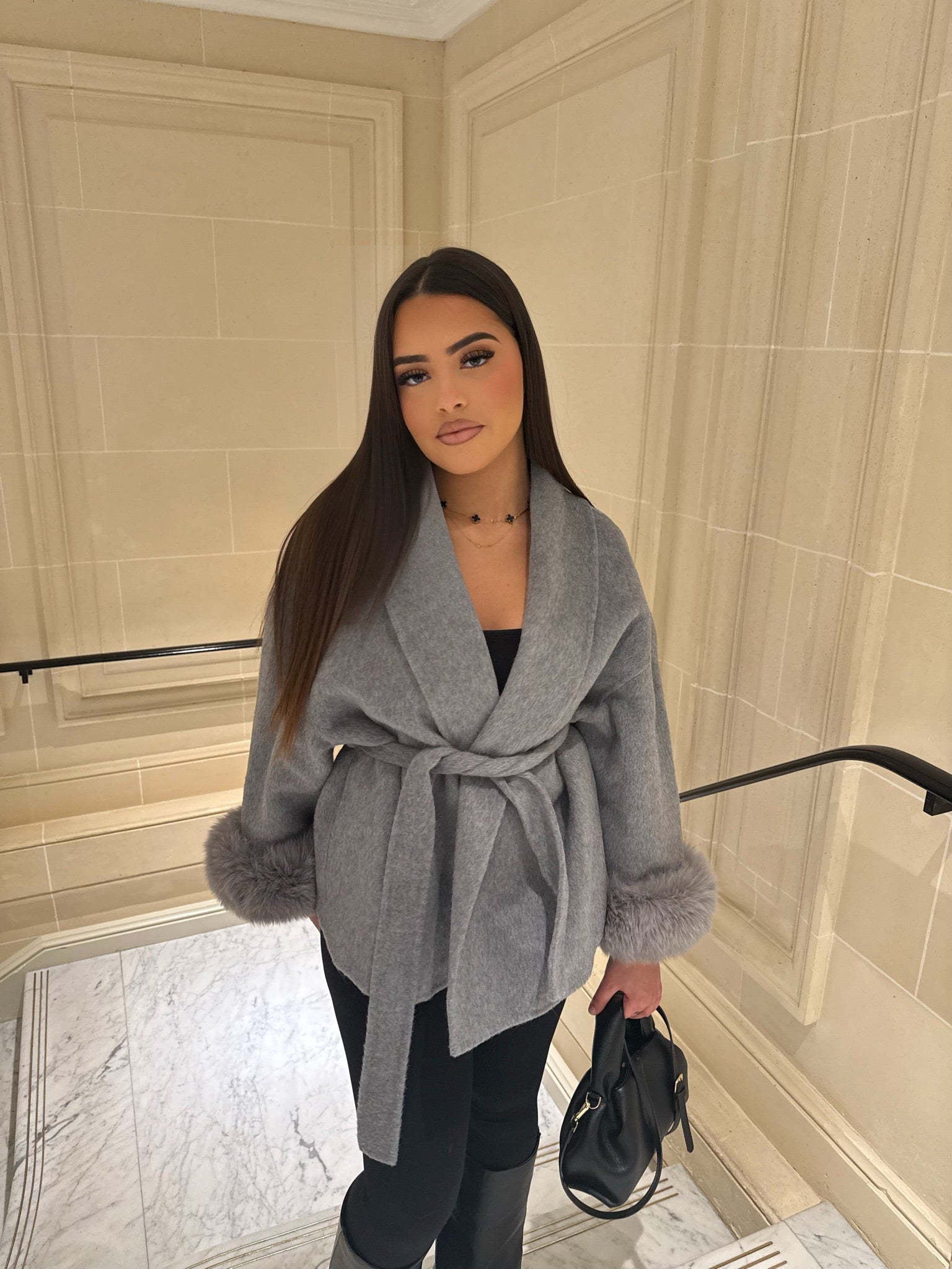 Short Belted Wool Trench Coat With Fur Sleeves Woman