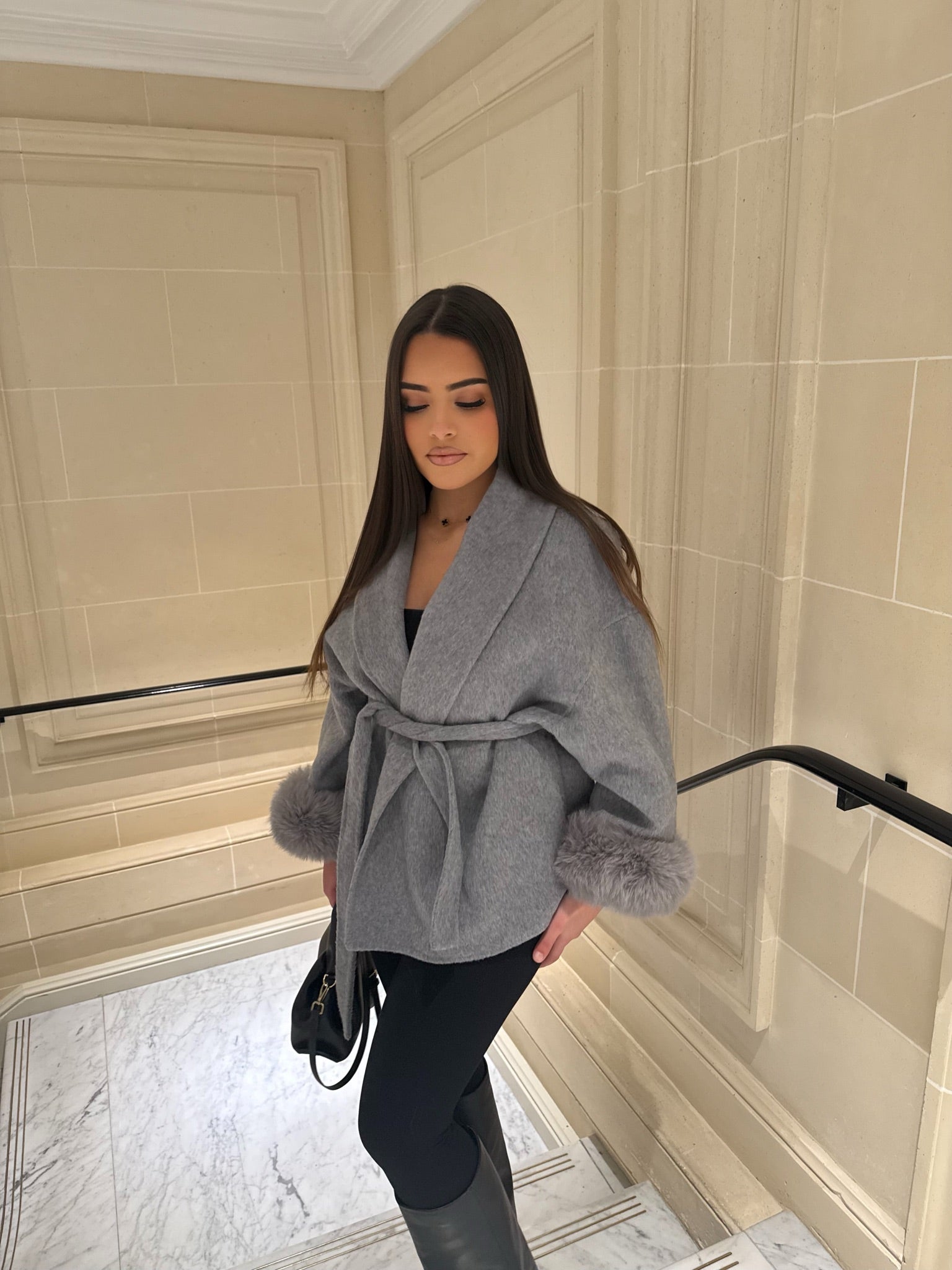 Short Belted Wool Trench Coat With Fur Sleeves Woman