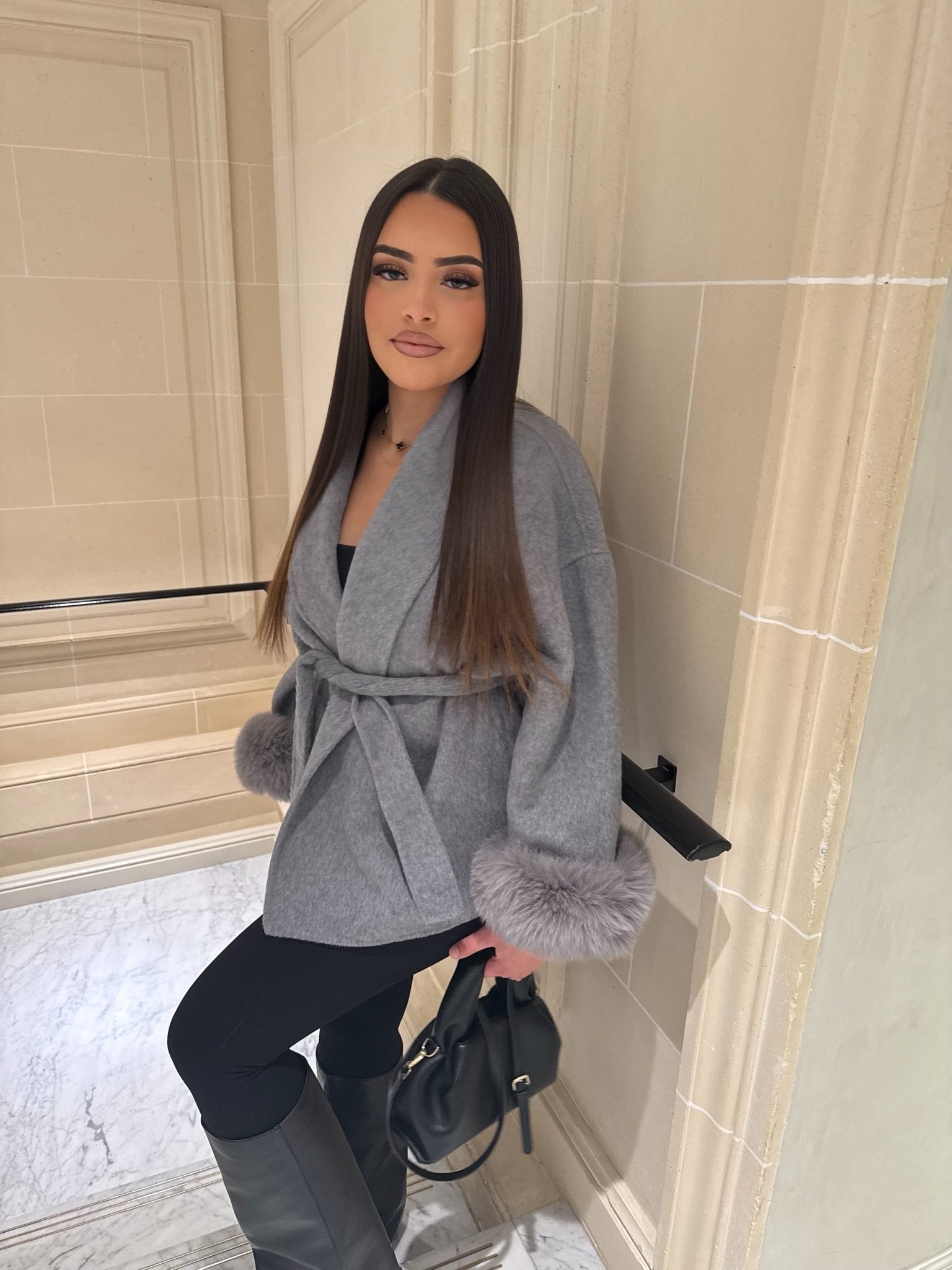 Short Belted Wool Trench Coat With Fur Sleeves Woman