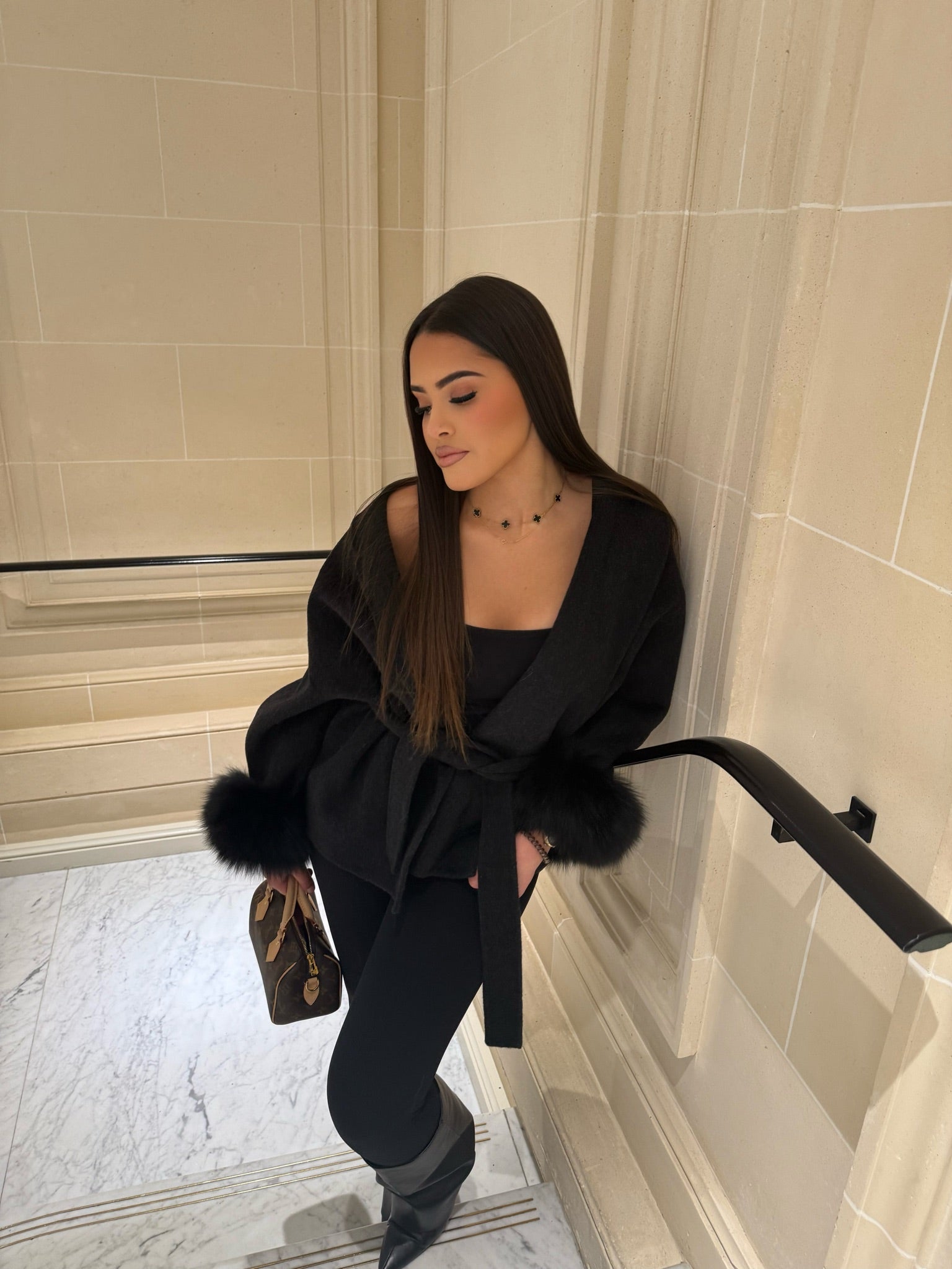Short Belted Wool Trench Coat With Fur Sleeves Woman