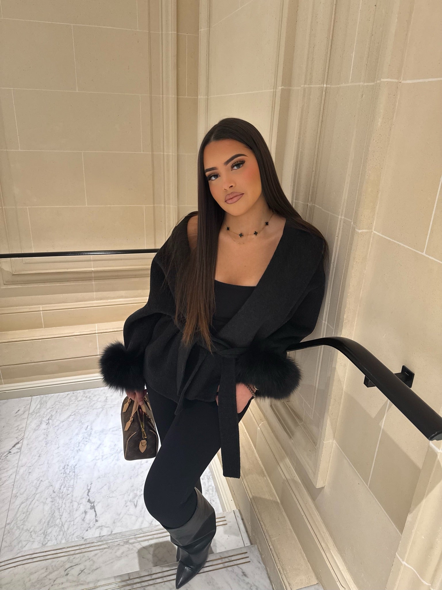 Short Belted Wool Trench Coat With Fur Sleeves Woman