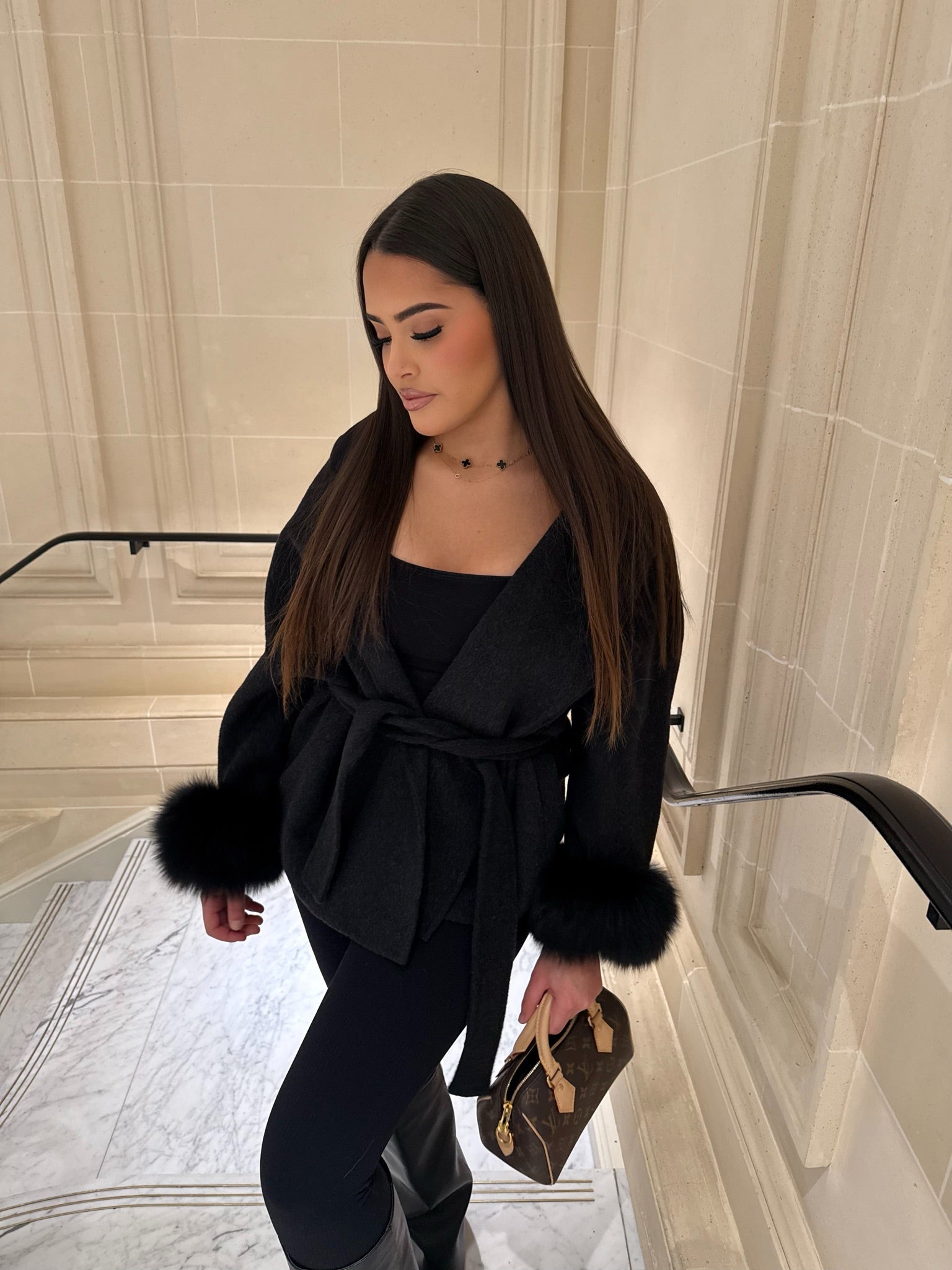 Short Belted Wool Trench Coat With Fur Sleeves Woman