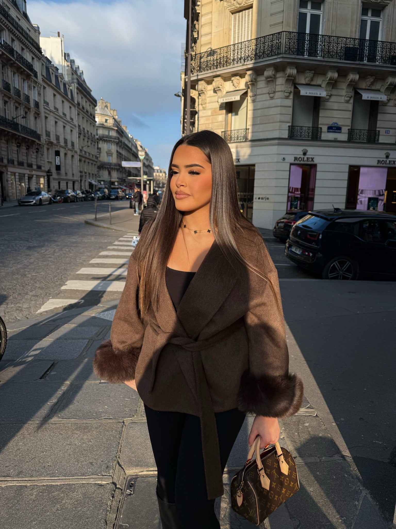Short Belted Wool Trench Coat With Fur Sleeves Woman