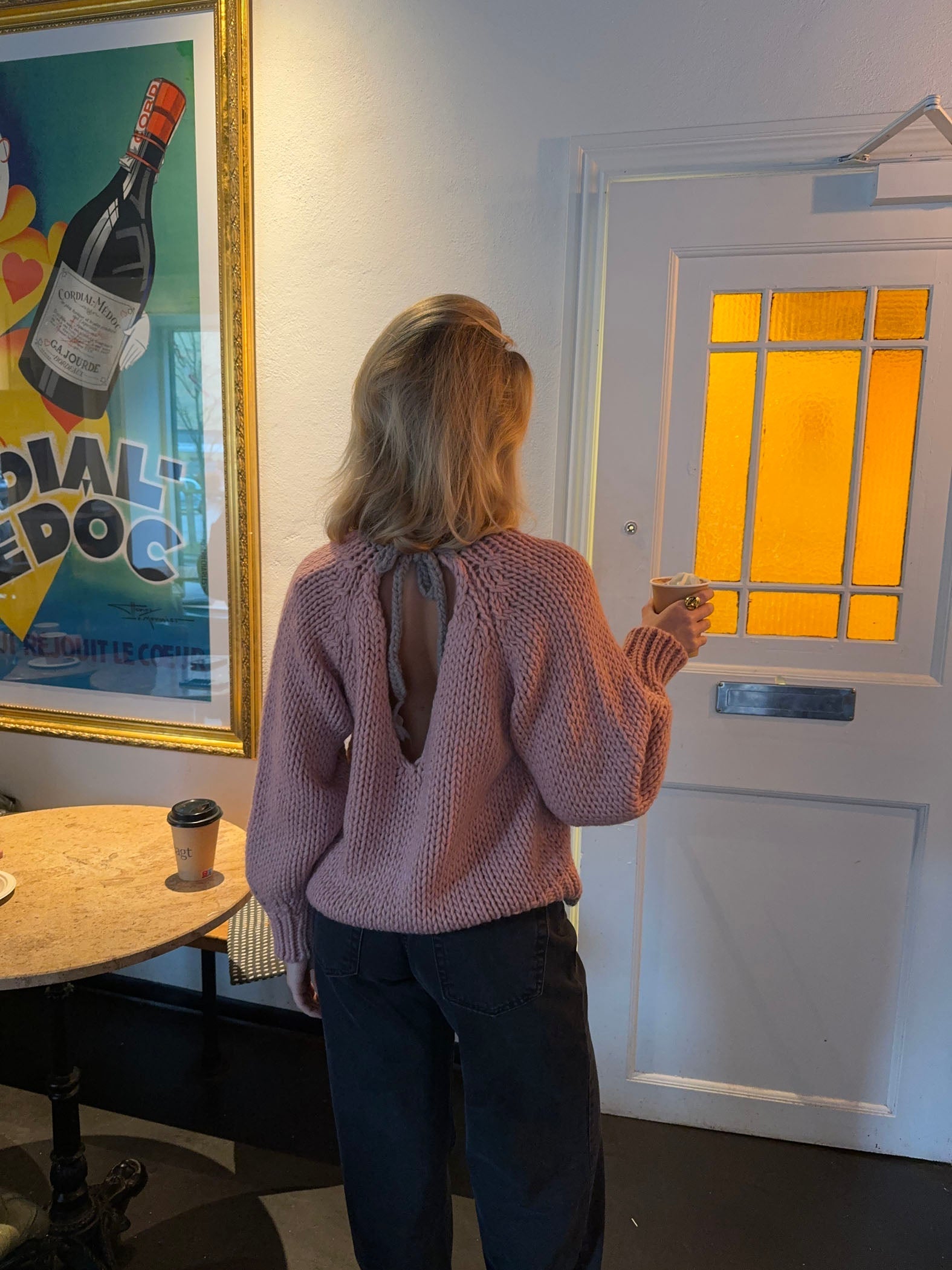 Maeve – Pink Bow‑Back Knit Sweater