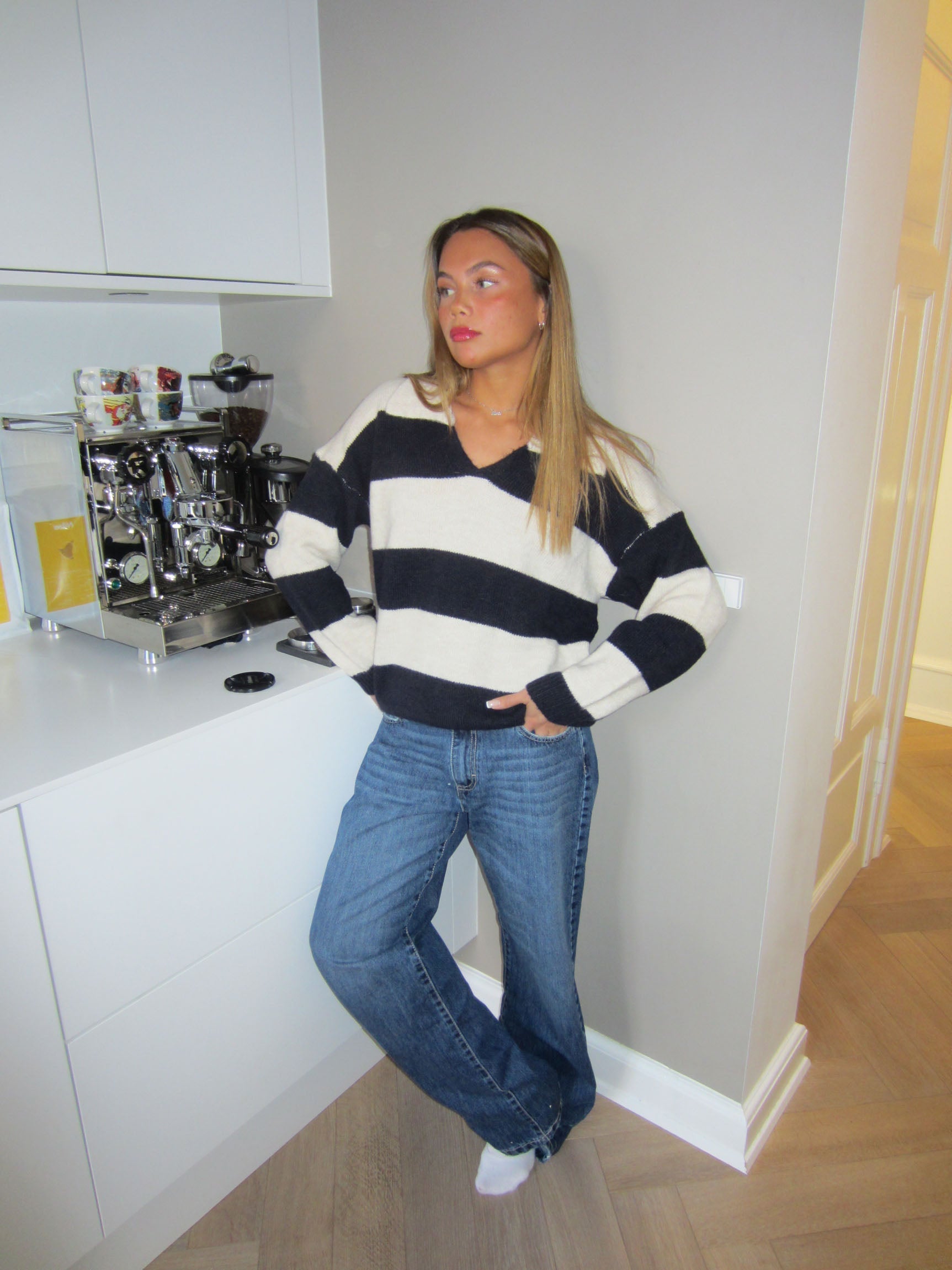 Nadia – Navy & White Striped Polo Sweater