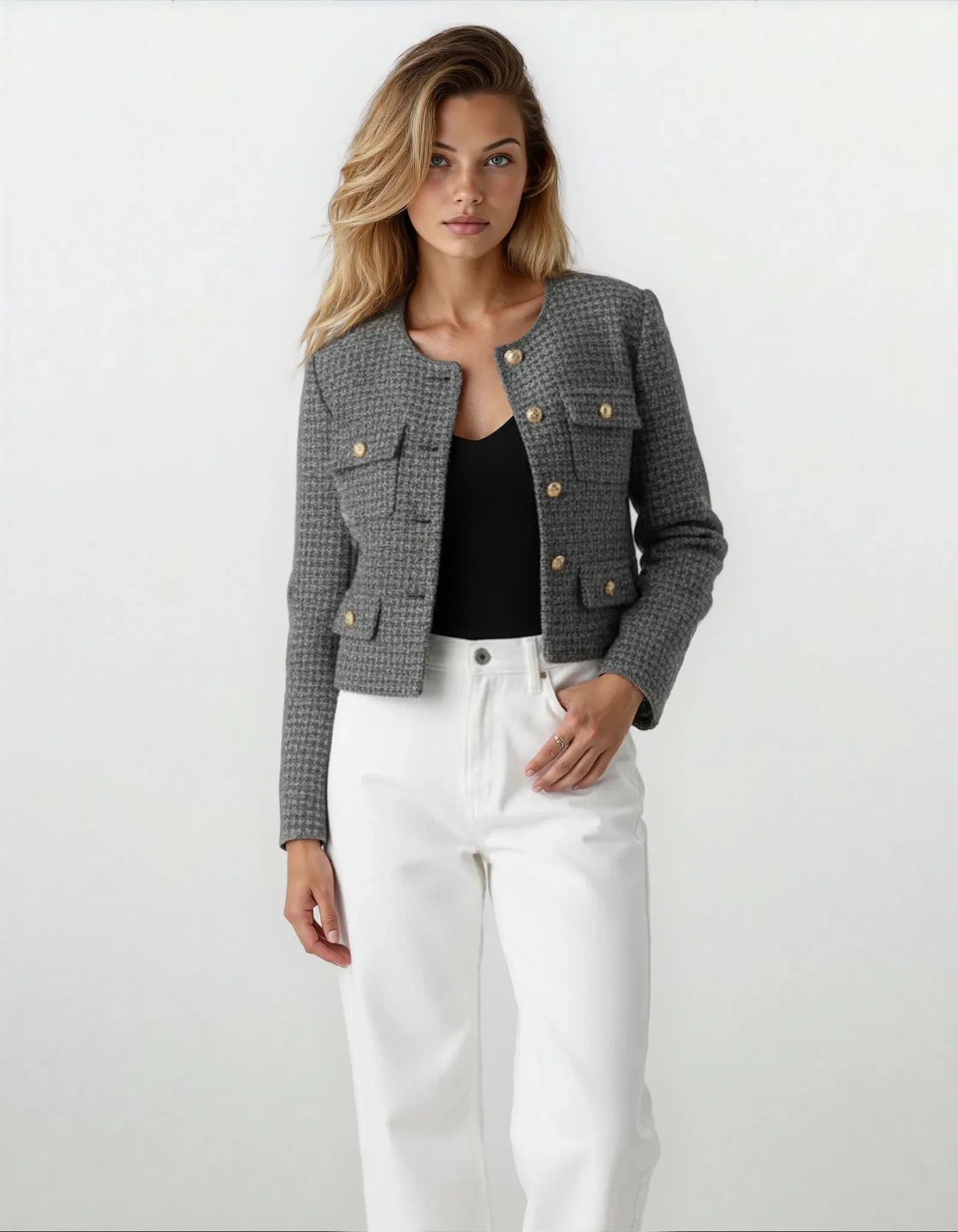 Savile – Cropped Collarless Blazer with Gold Buttons