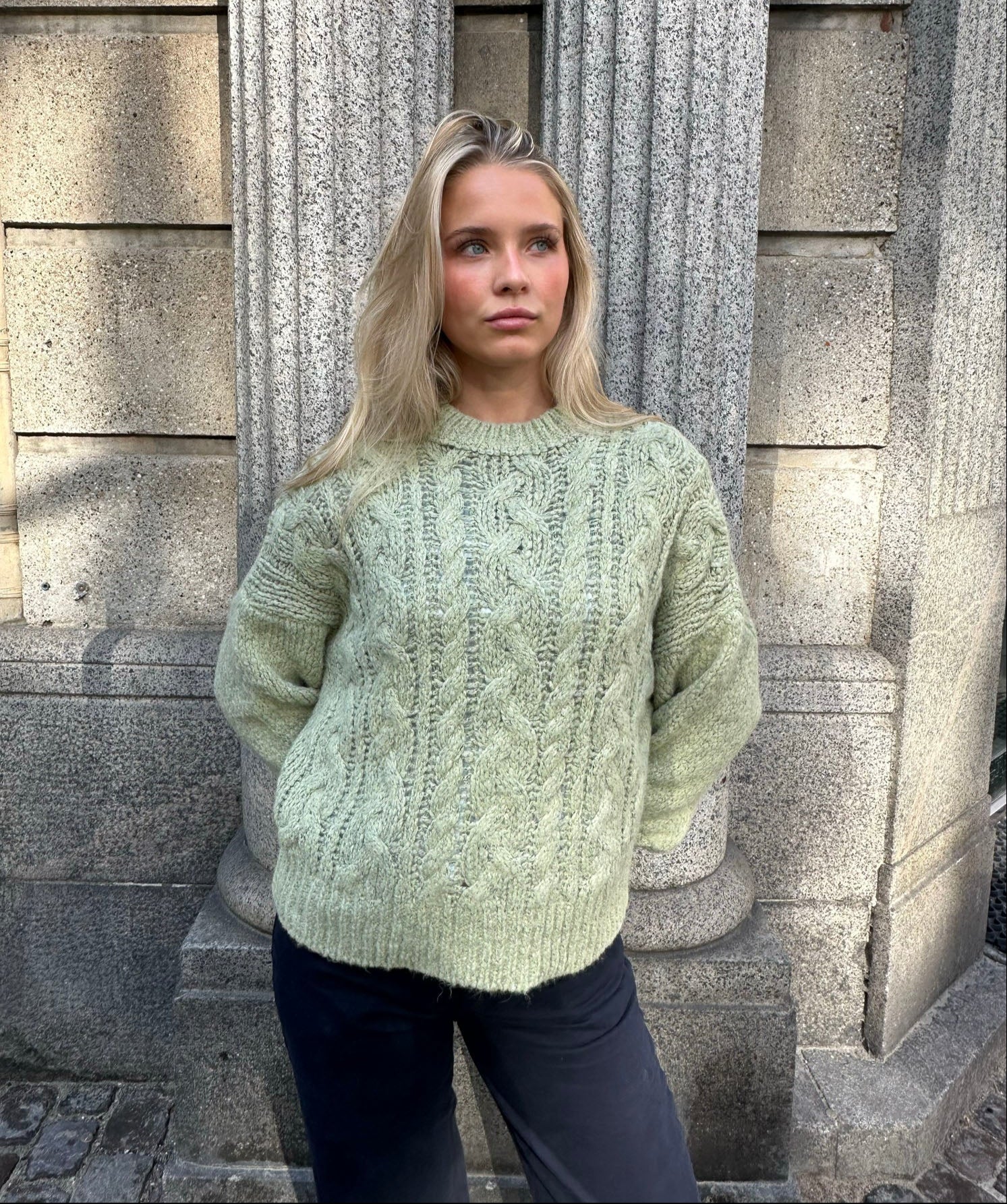 Raffaella – Sage Green Cable Knit Sweater Balloon Sleeves