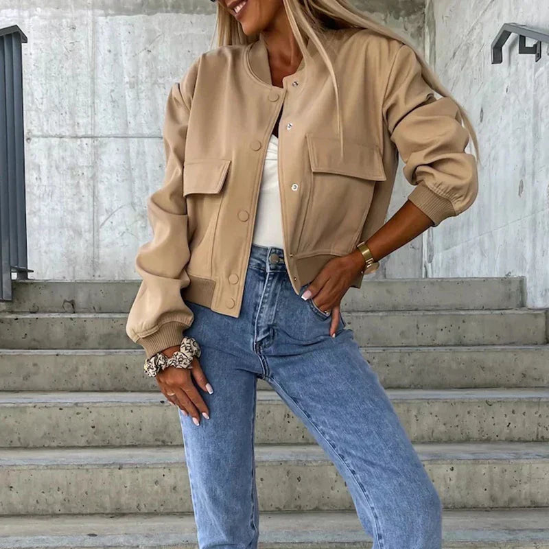 Women's Bomber Jacket - Button Closure with Flap Pockets
