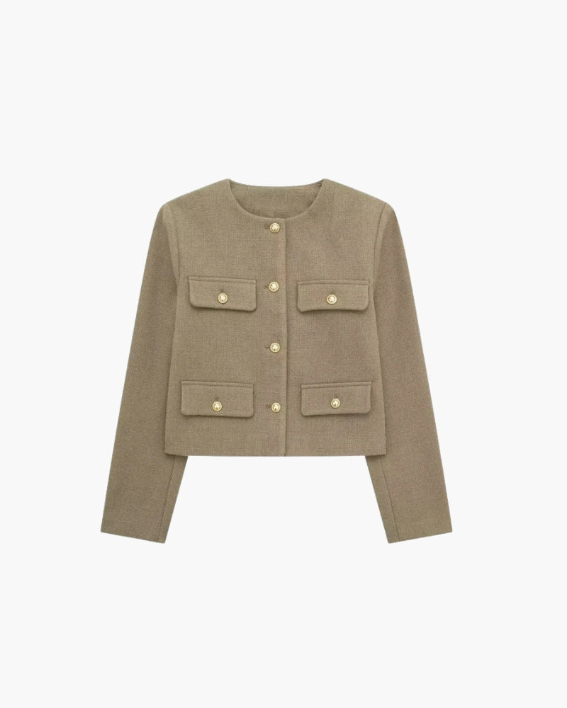 Savile – Cropped Collarless Blazer with Gold Buttons